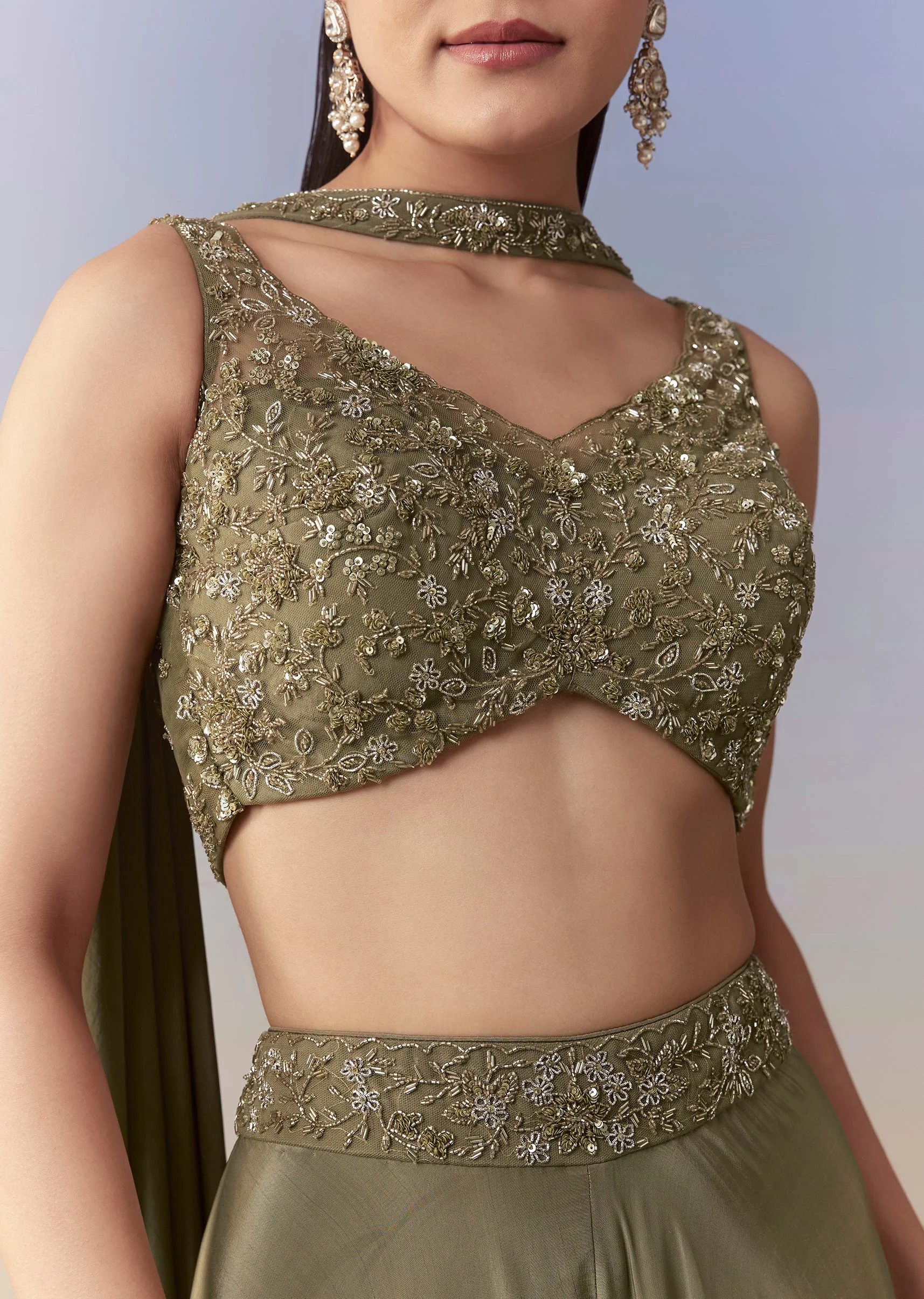 Mehendi Green Sequin Indo Western Crop Top Palazzo Set - Image 2