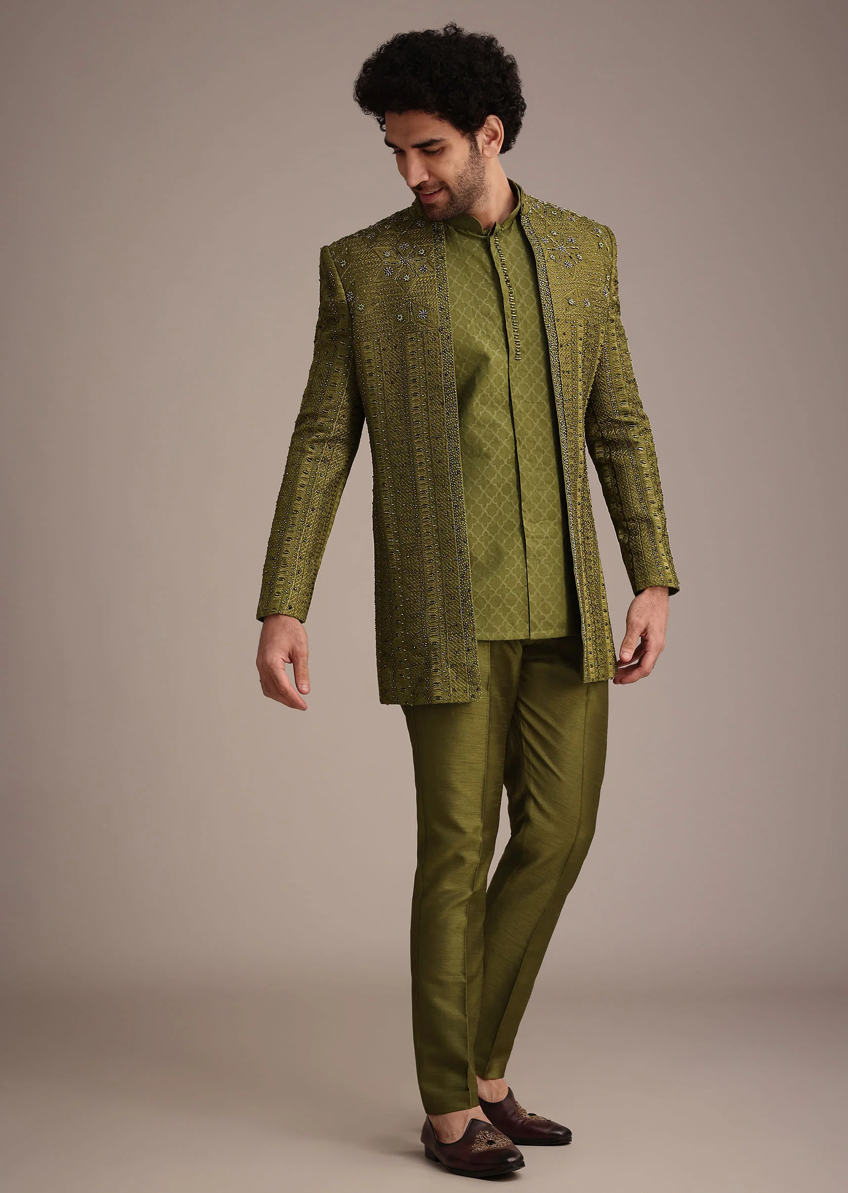 Mehendi Green Silk Zardosi Kurta Jacket Set - Image 4