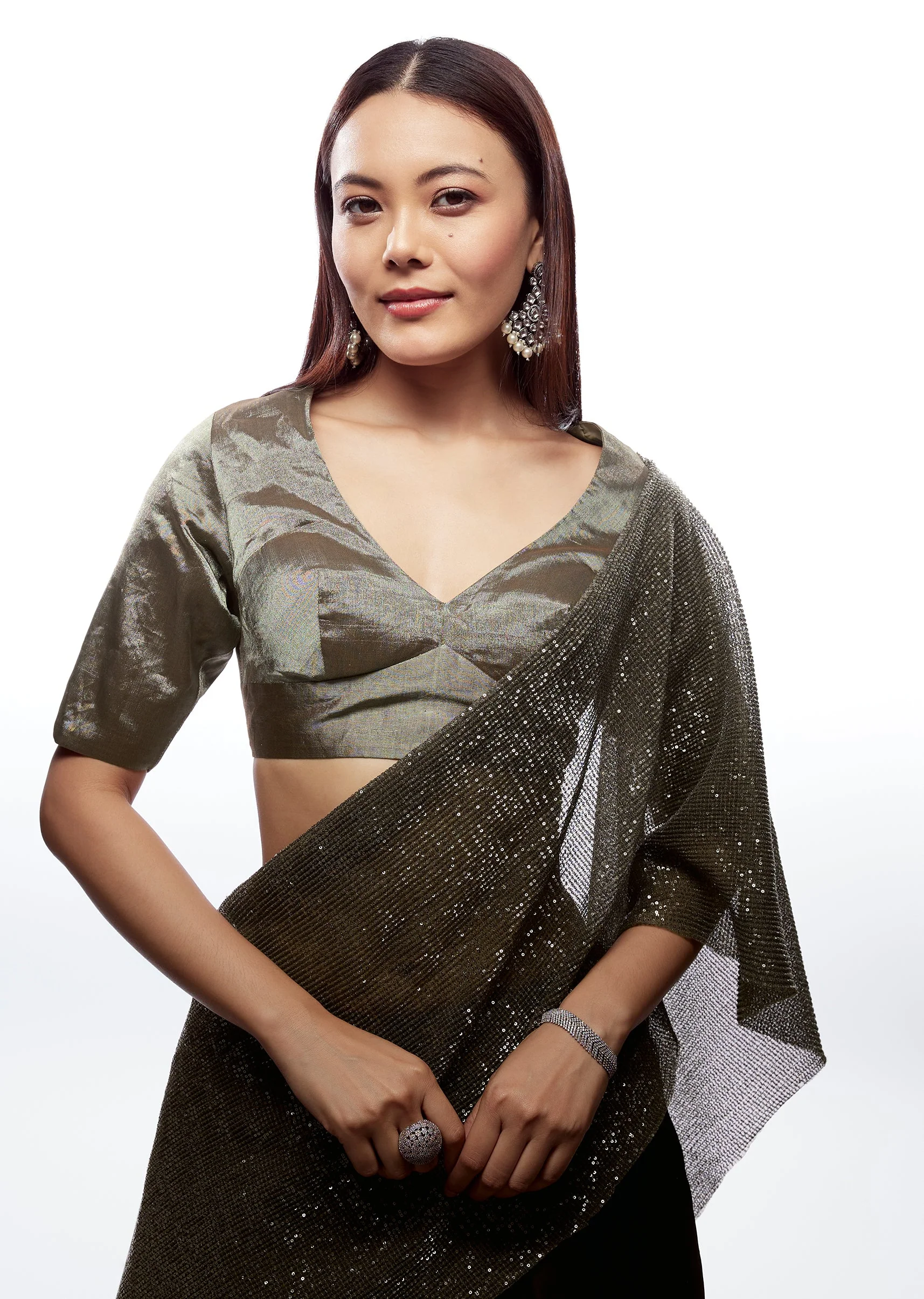 Mehendi Green V Neck Half Sleeve Blouse