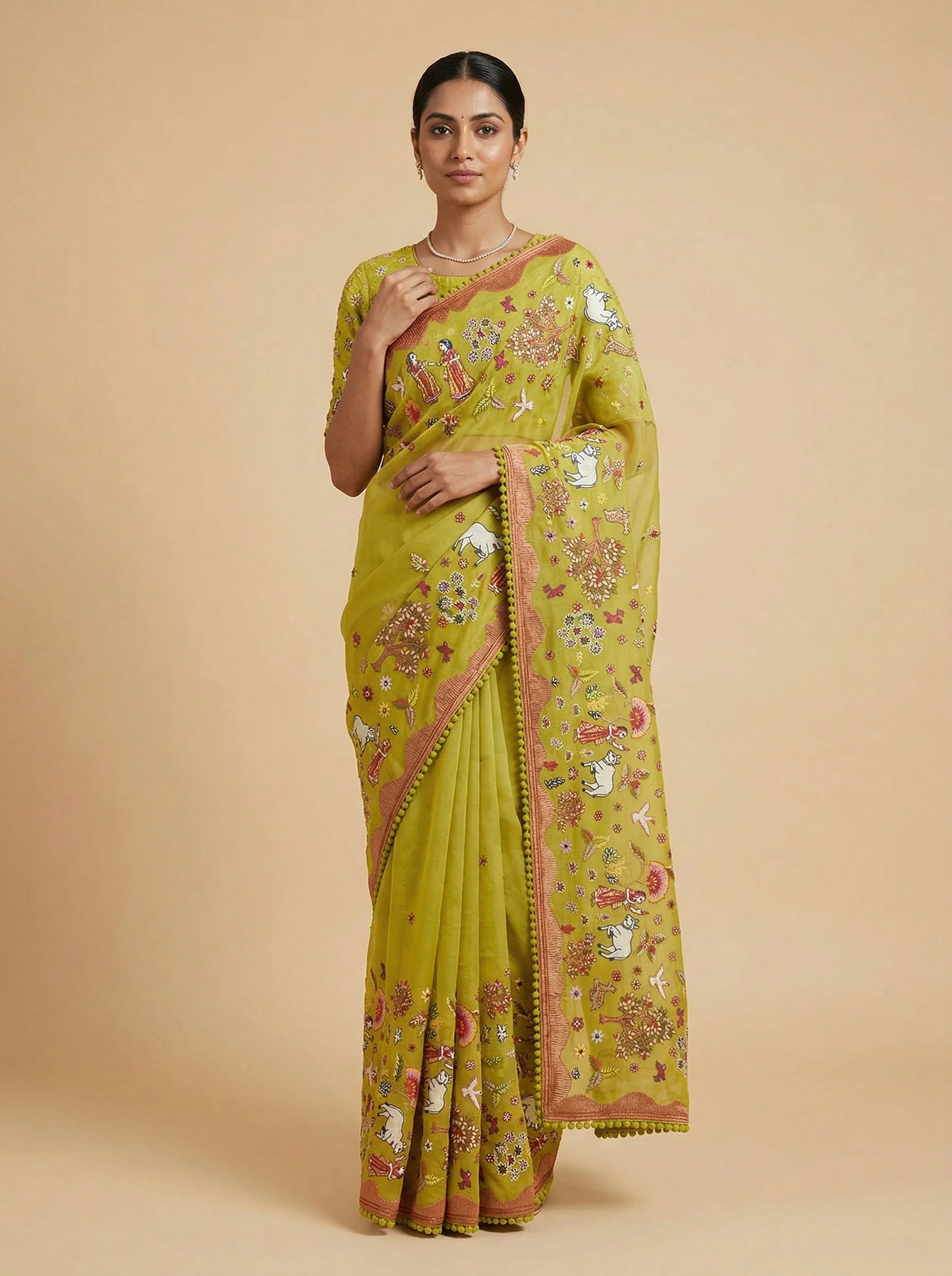 Mehndi Olive Green Embroidered Saree