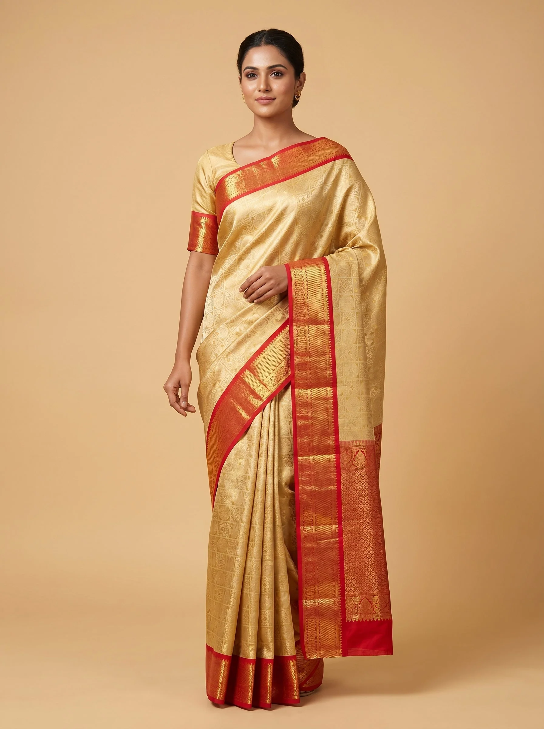Metallic Gold Red Handloom Saree