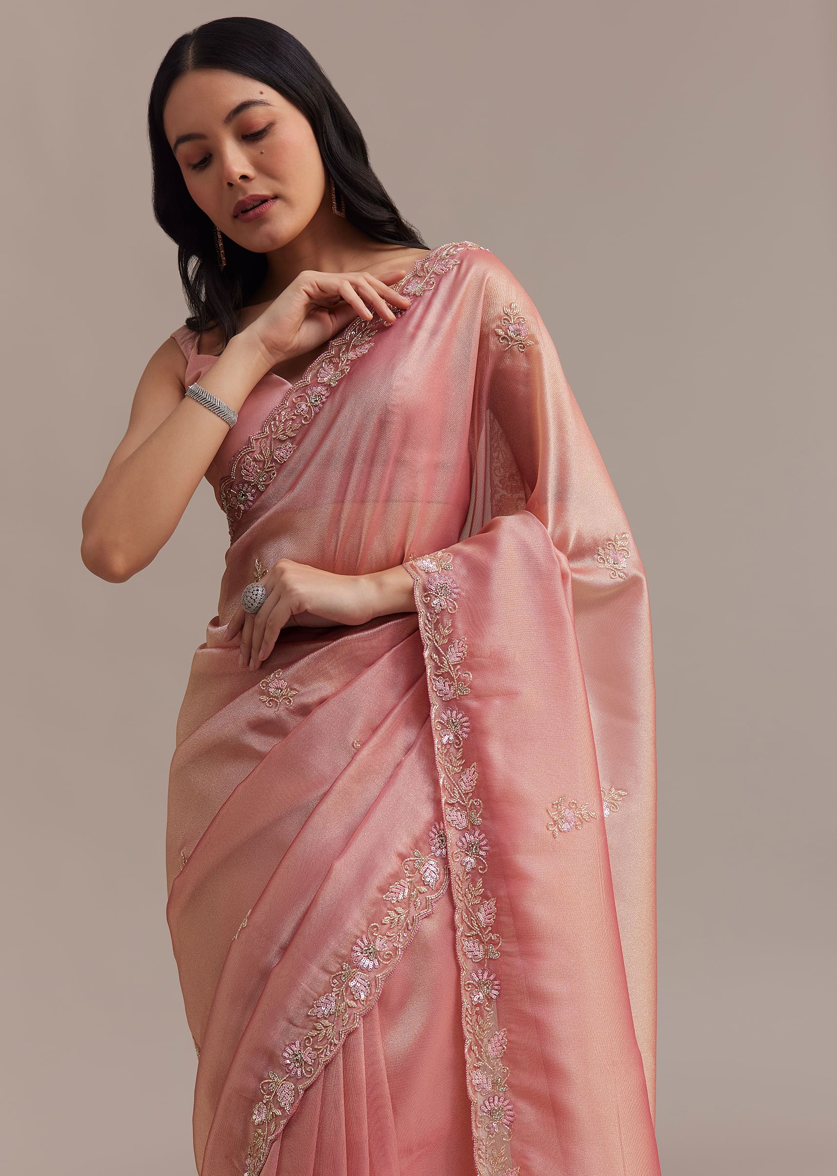 Metallic Pink Organza Tissue Saree With Cutdana And Bead Embroidery - Image 2