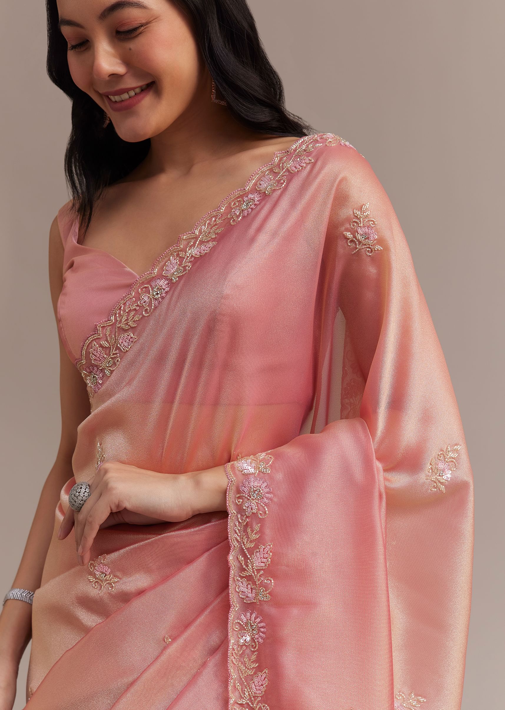 Metallic Pink Organza Tissue Saree With Cutdana And Bead Embroidery - Image 5