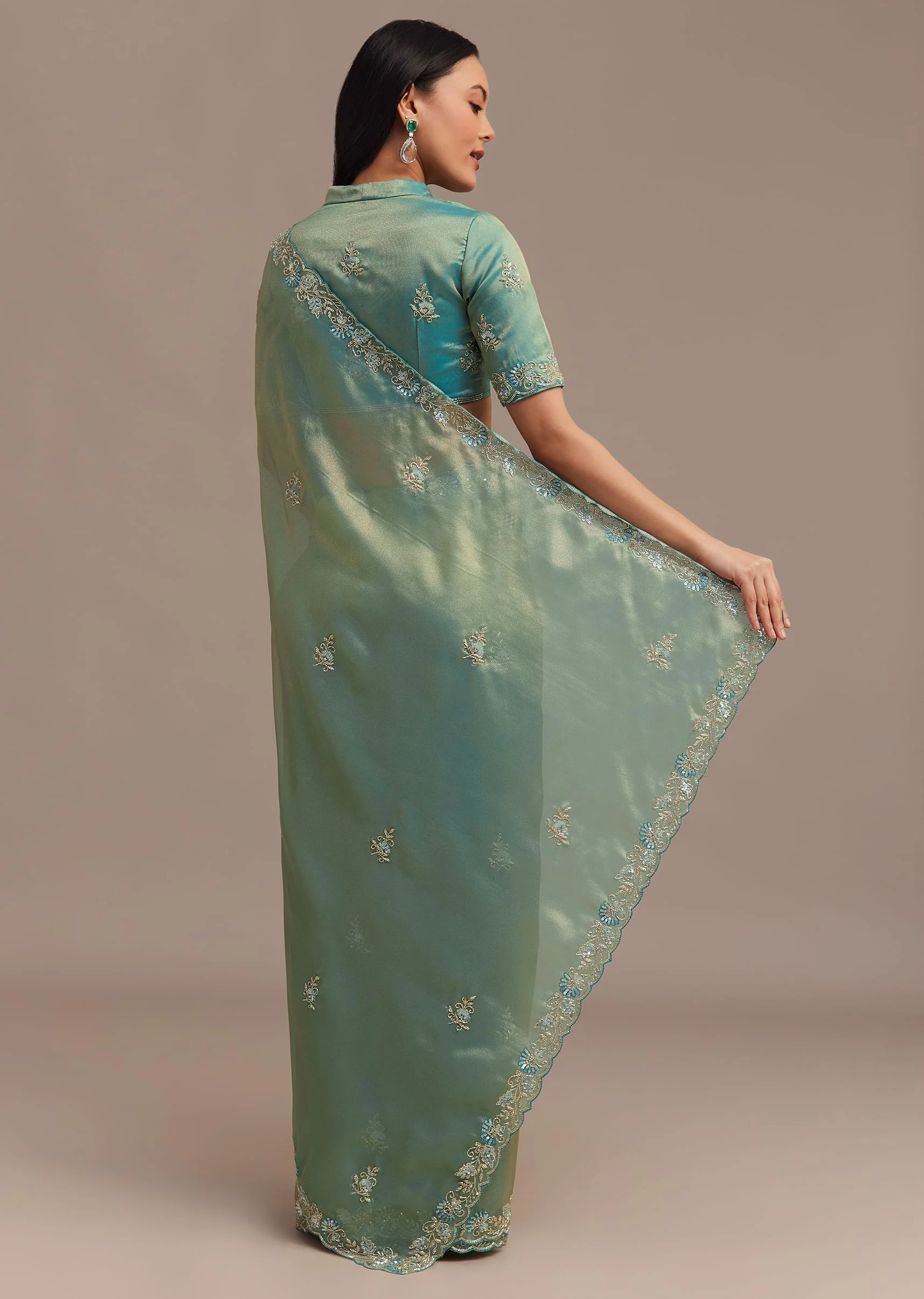 Metallic Sea Green Tissue Organza Saree With Embroidered Border - Image 4