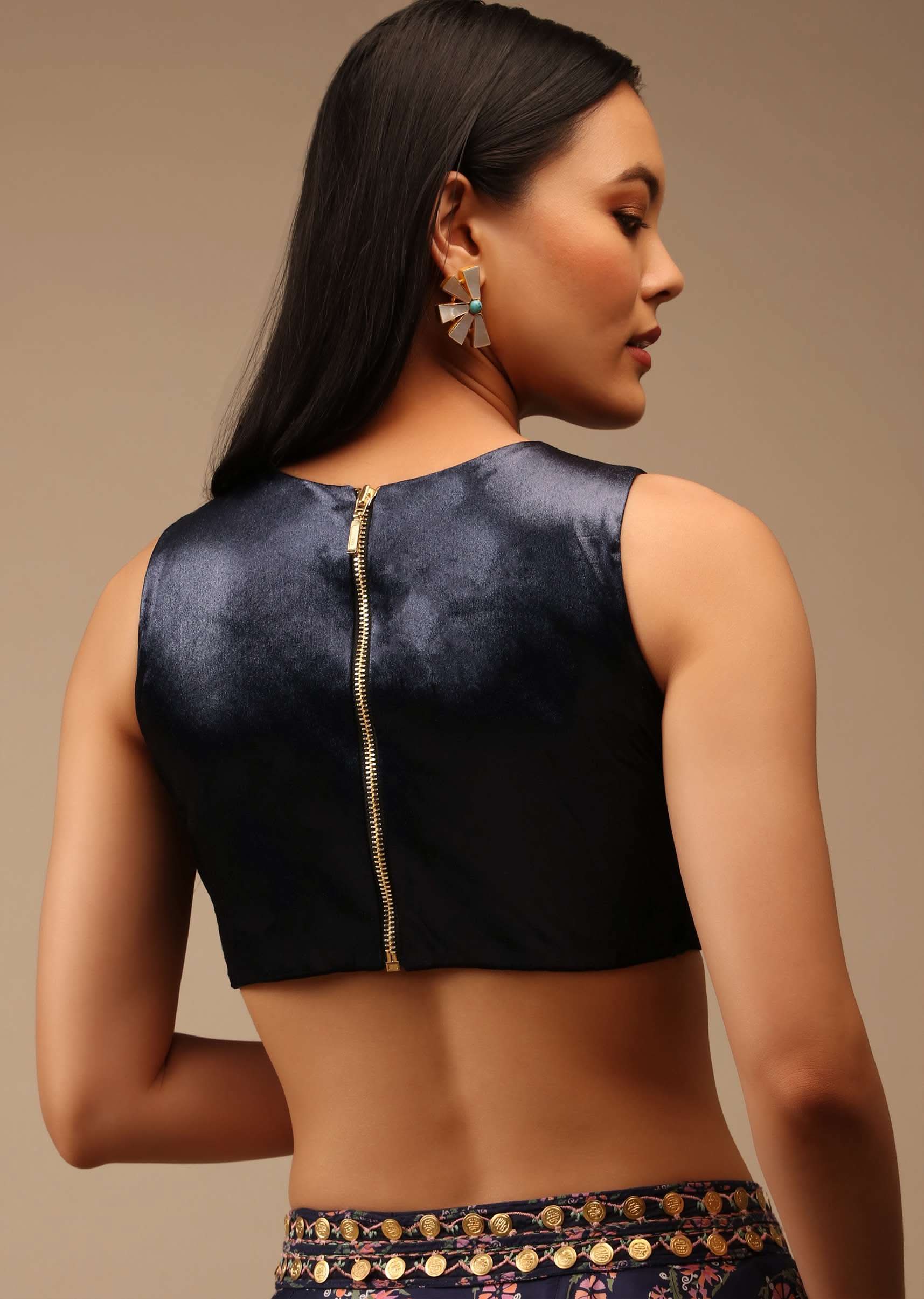 Midnight Blue Blouse In Satin With Curved Hem, Round Neckline And Back Zip Detail - Image 4