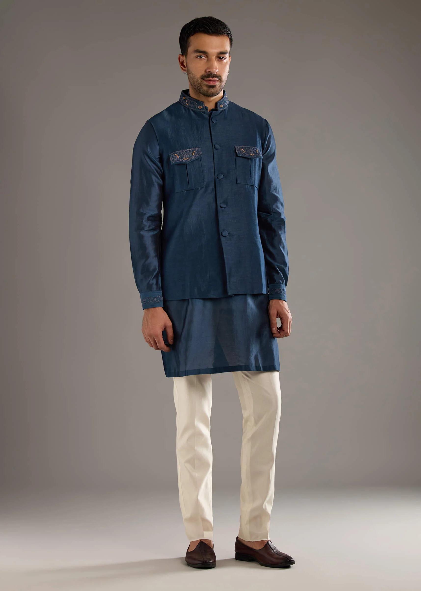 Midnight Blue Chanderi Linen Kurta Jacket Set For Men With Dori Work