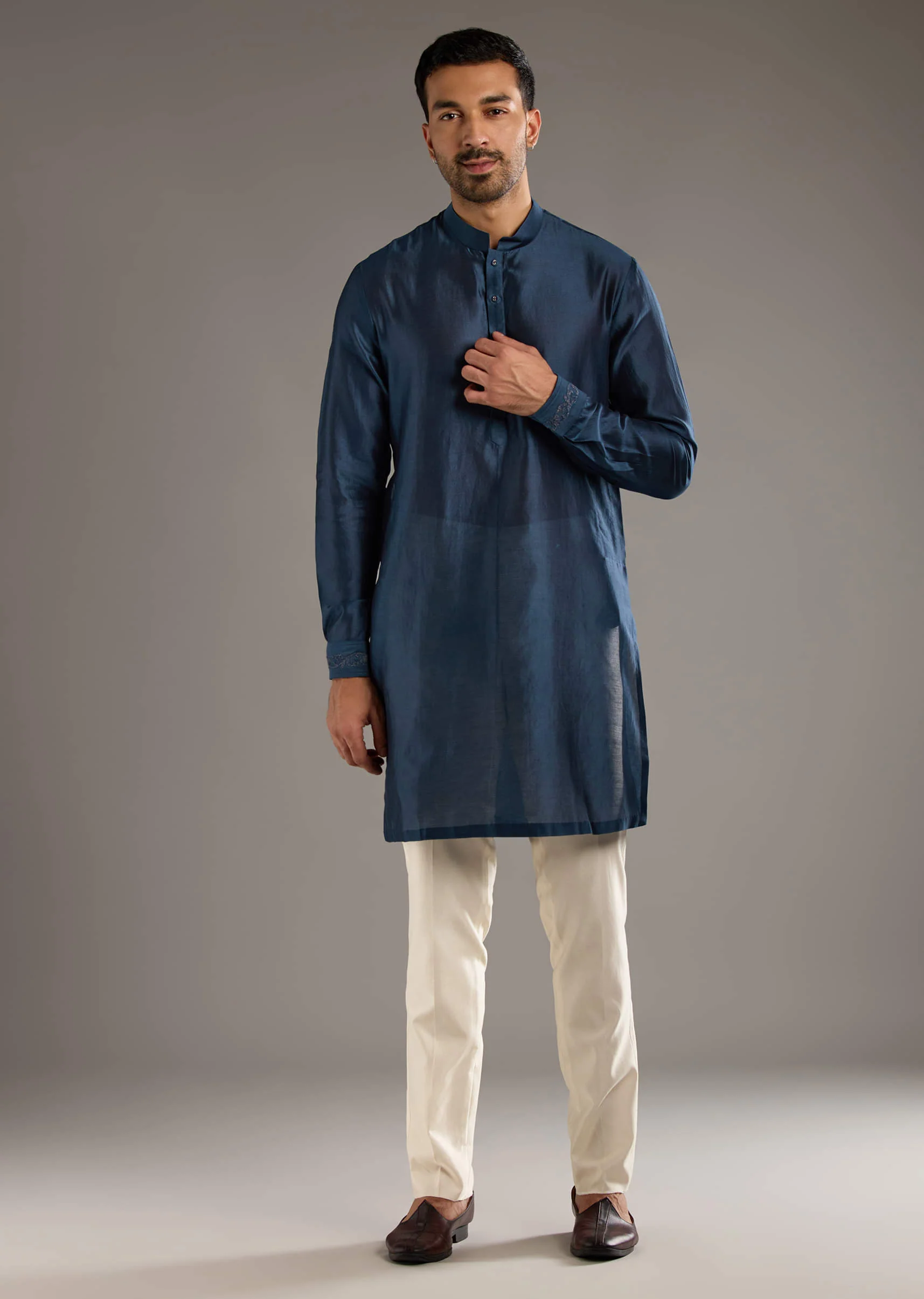 Midnight Blue Chanderi Linen Kurta Jacket Set For Men With Dori Work - Image 6