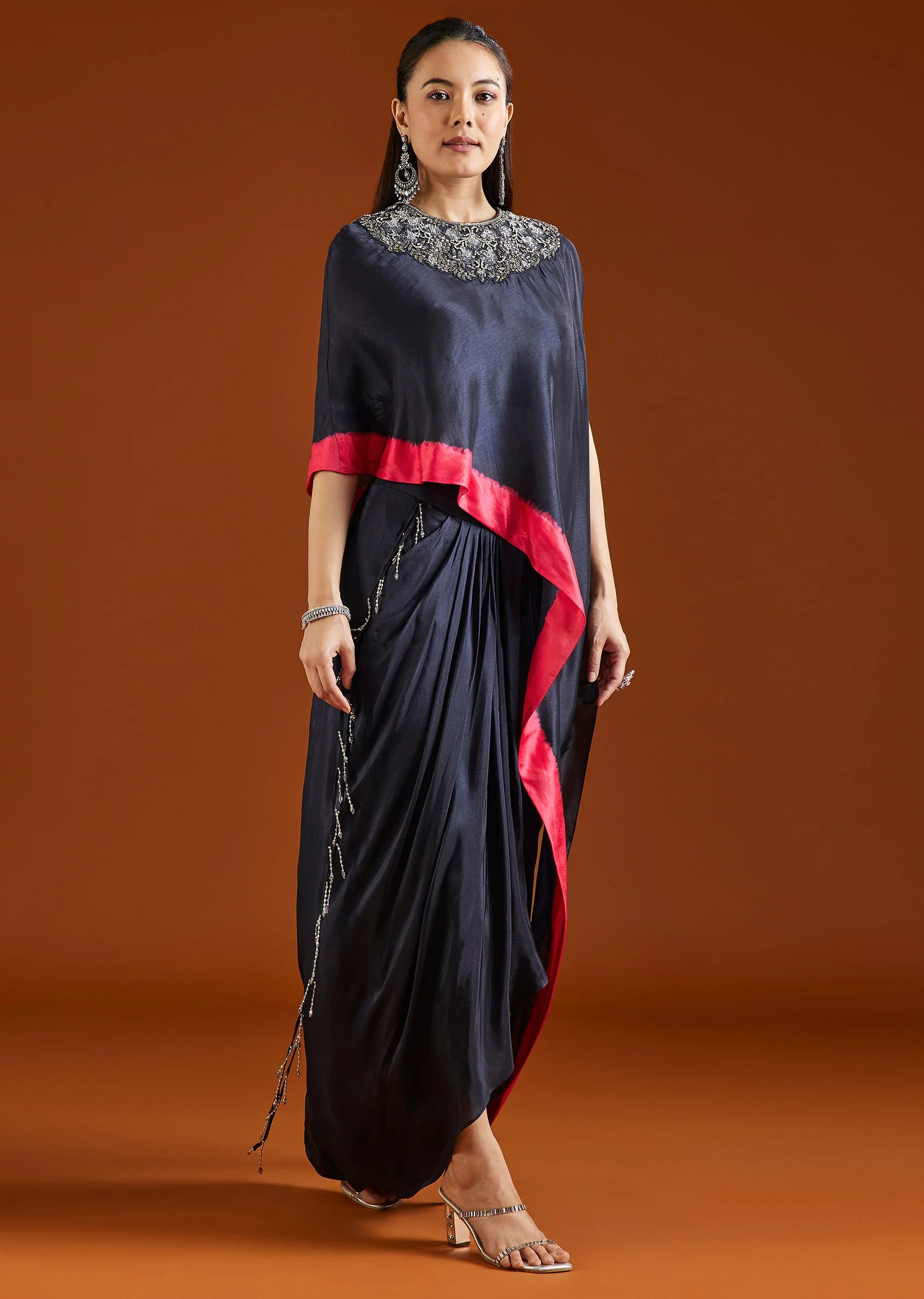 Midnight Blue Embellished Silk Blend Crop Top Skirt Set - Image 3
