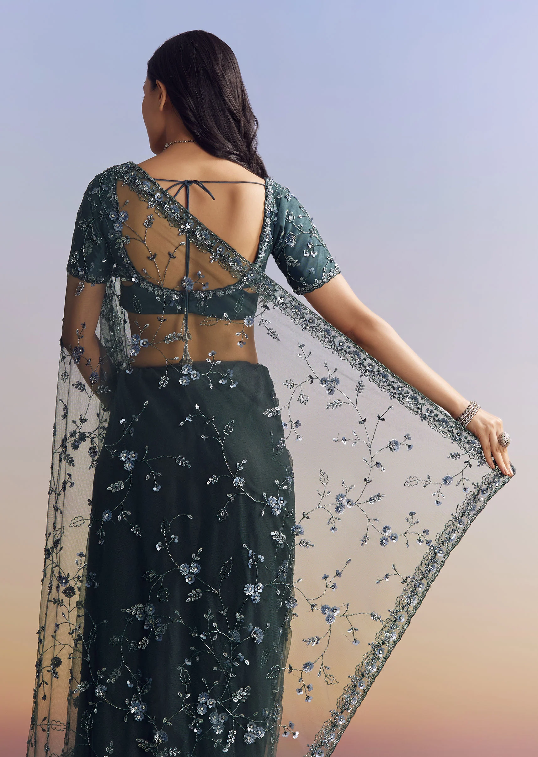 Midnight Blue Net Saree With Floral Jaal And Statement Embroidery - Image 4