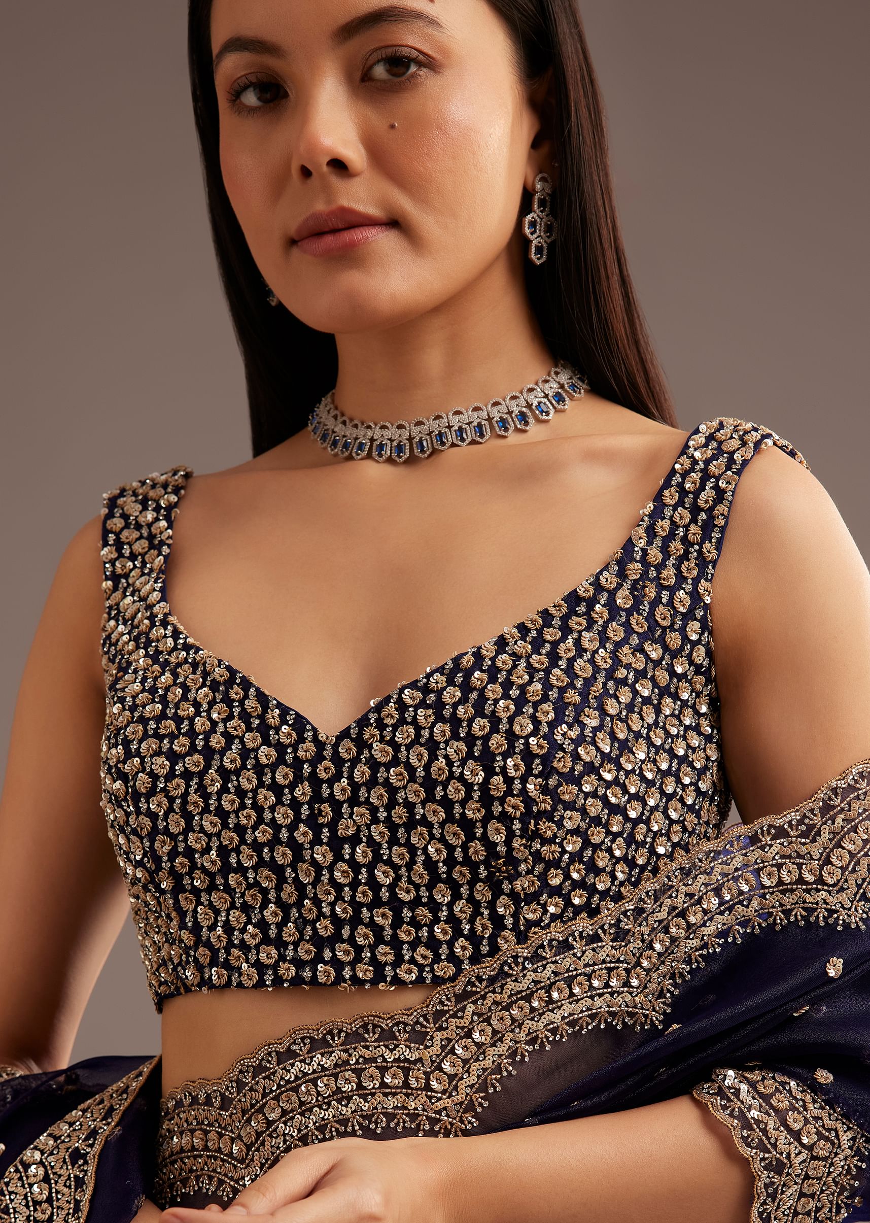 Midnight Blue Organza Tissue Saree With Sequin And Cutdana Embroidery - Image 2