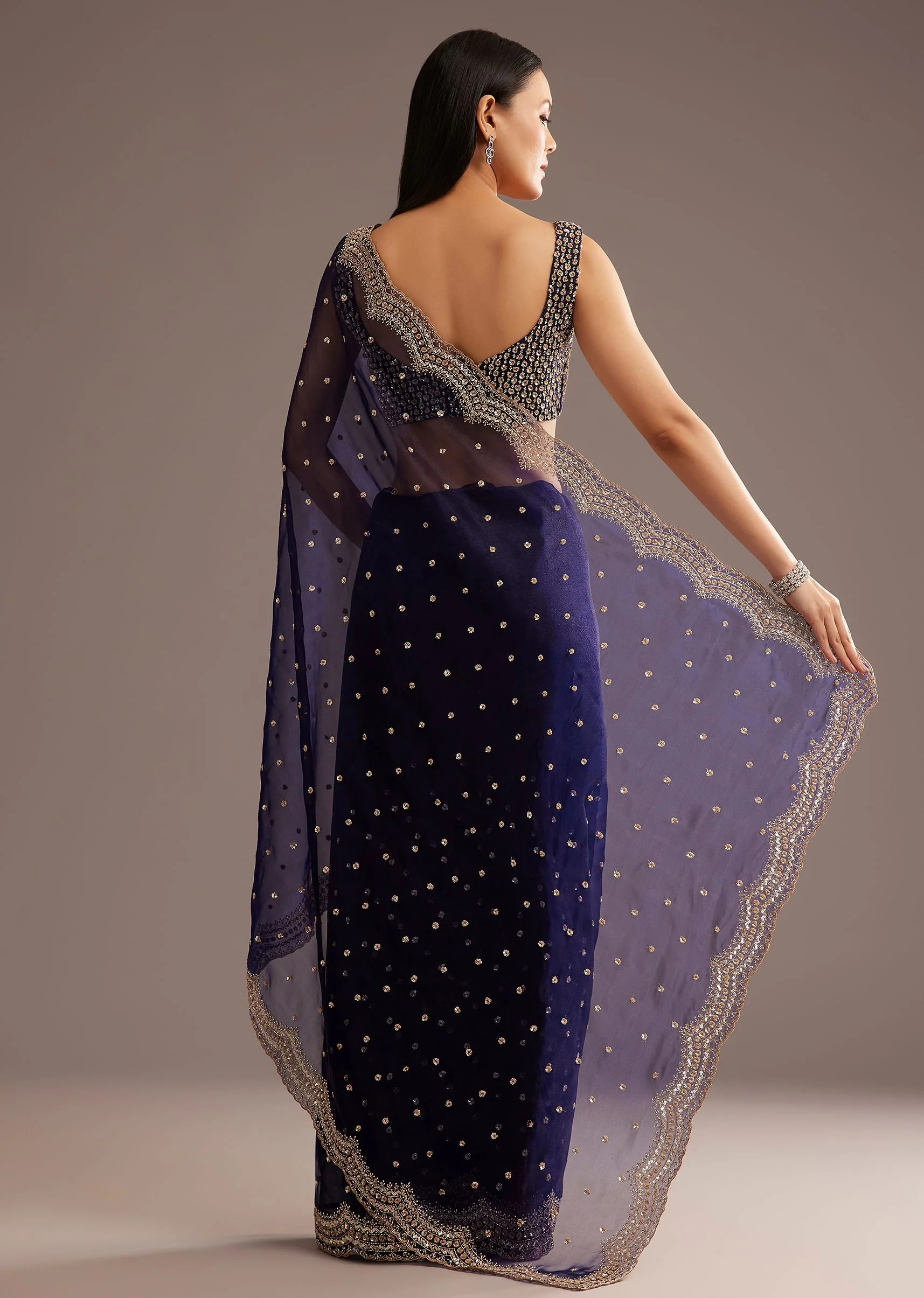 Midnight Blue Organza Tissue Saree With Sequin And Cutdana Embroidery - Image 4