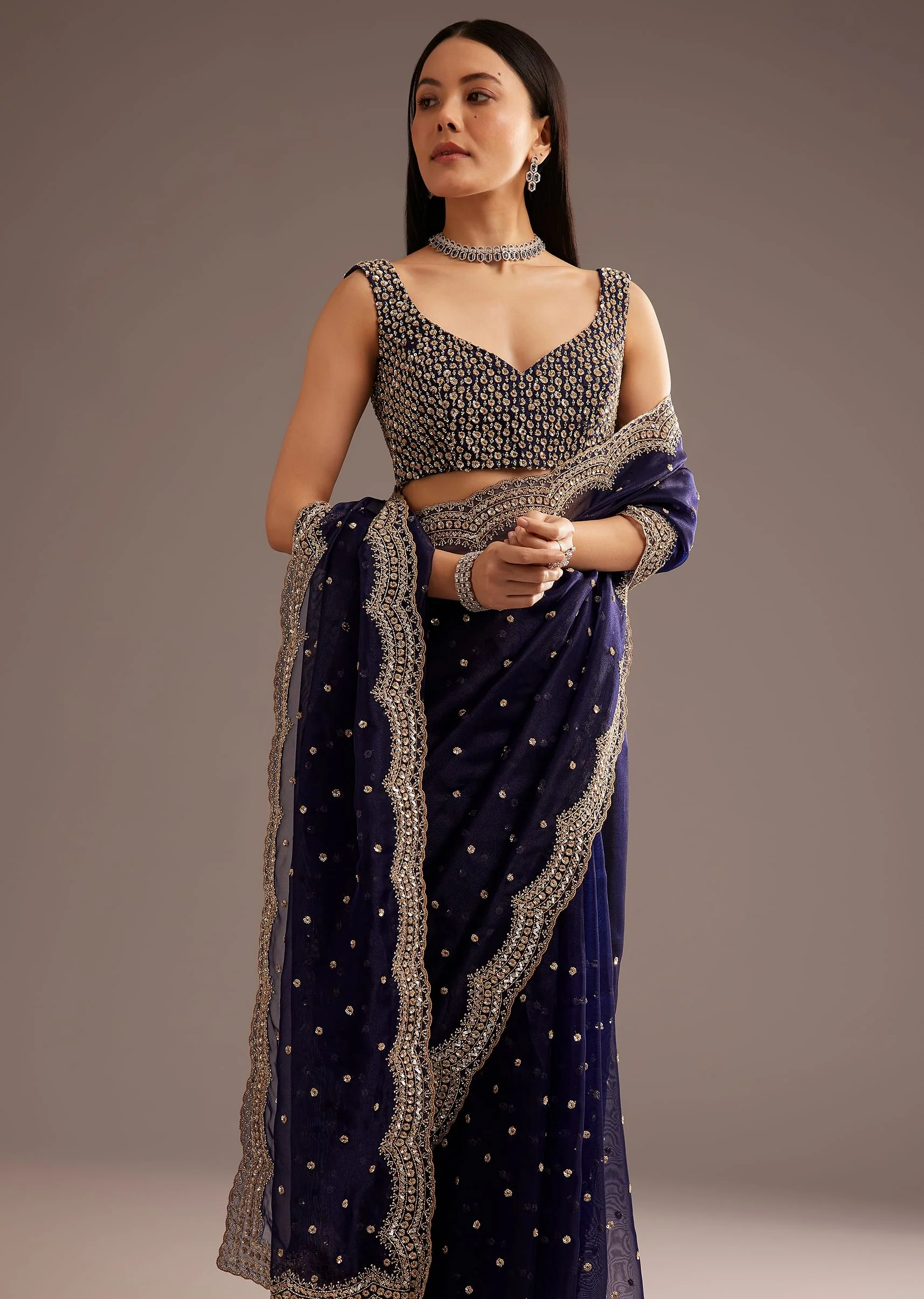 Midnight Blue Organza Tissue Saree With Sequin And Cutdana Embroidery - Image 5
