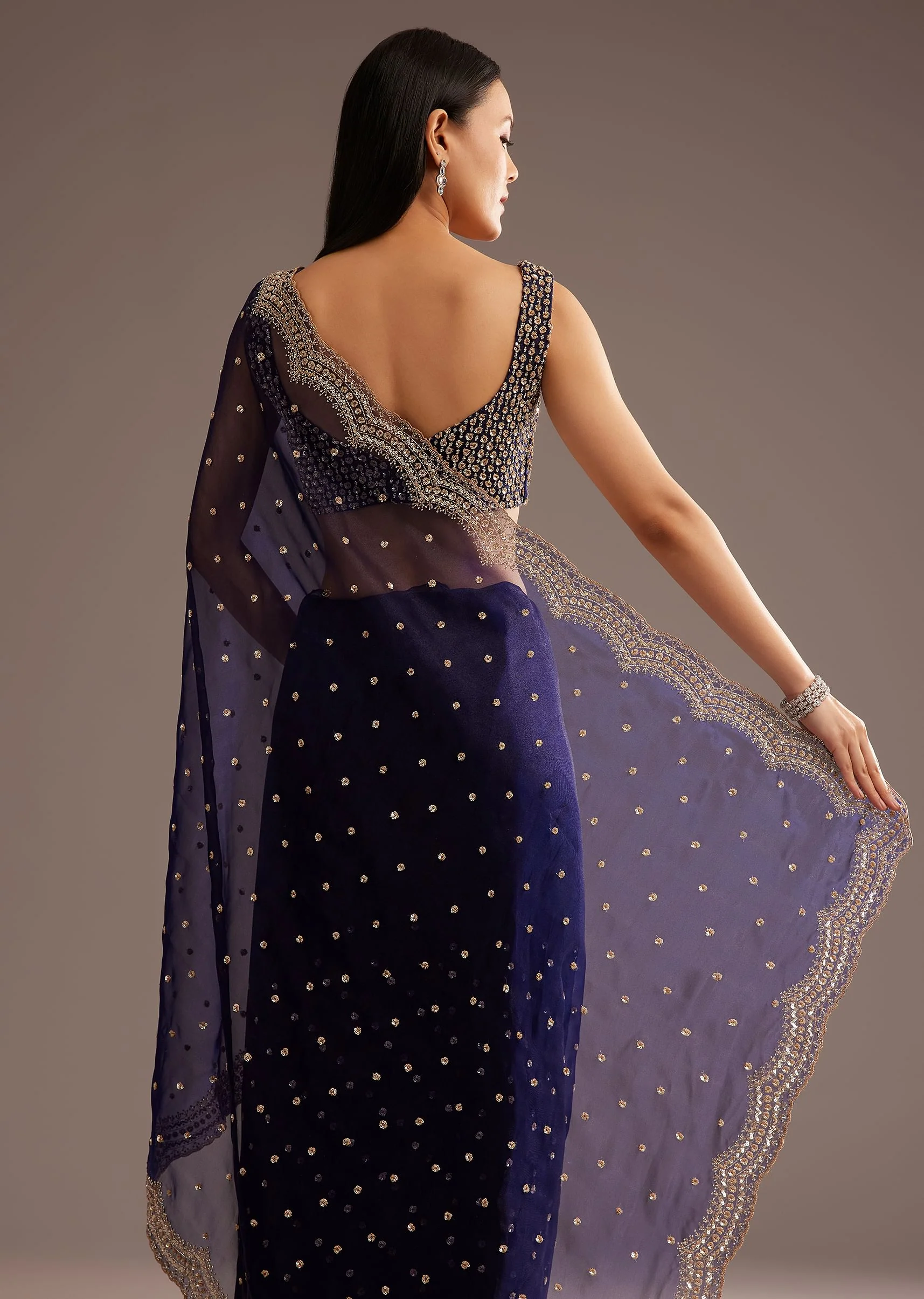 Midnight Blue Organza Tissue Saree With Sequin And Cutdana Embroidery - Image 6