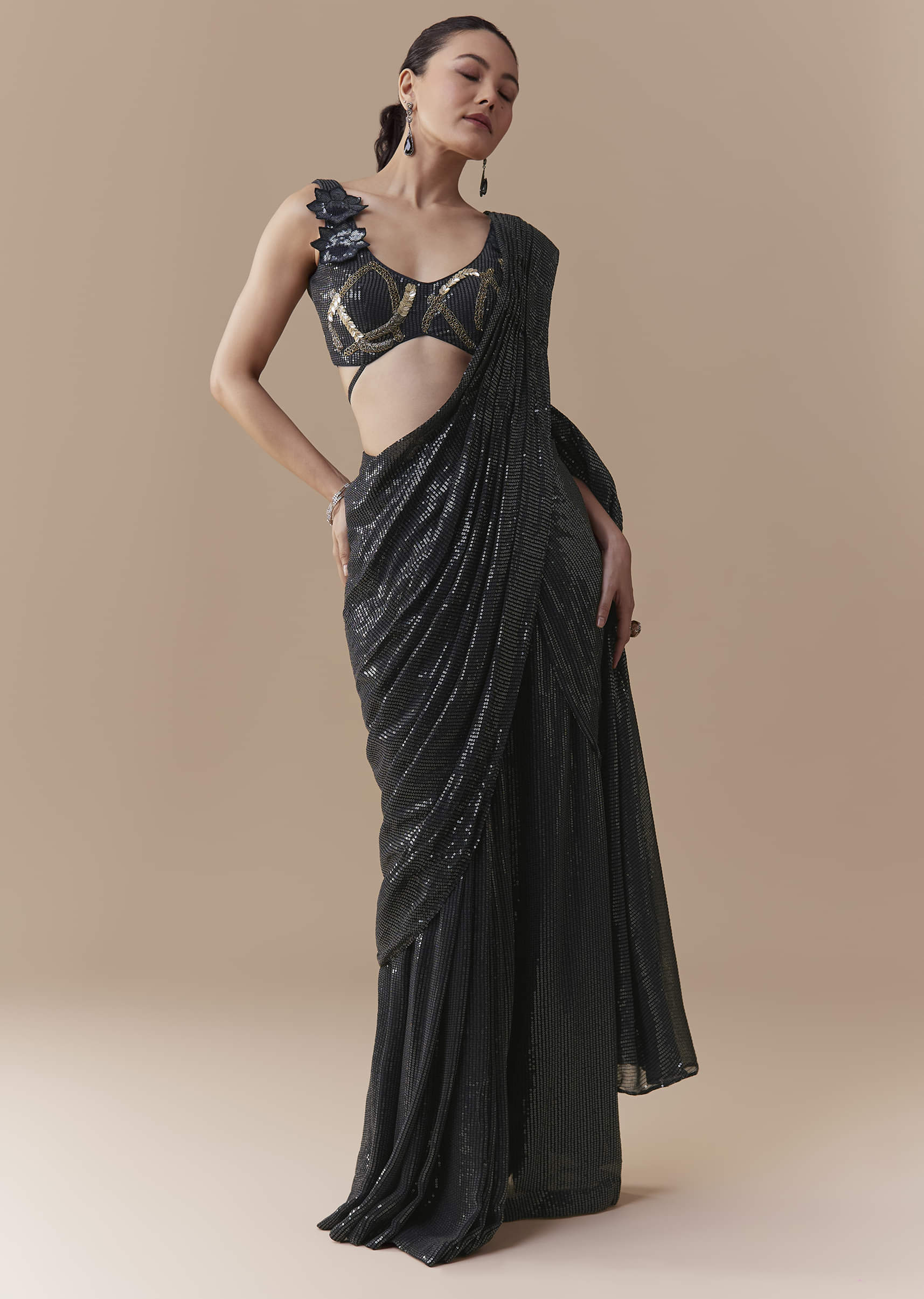 Midnight Blue Pre Pleated Saree with Sequins Blouse - Image 3