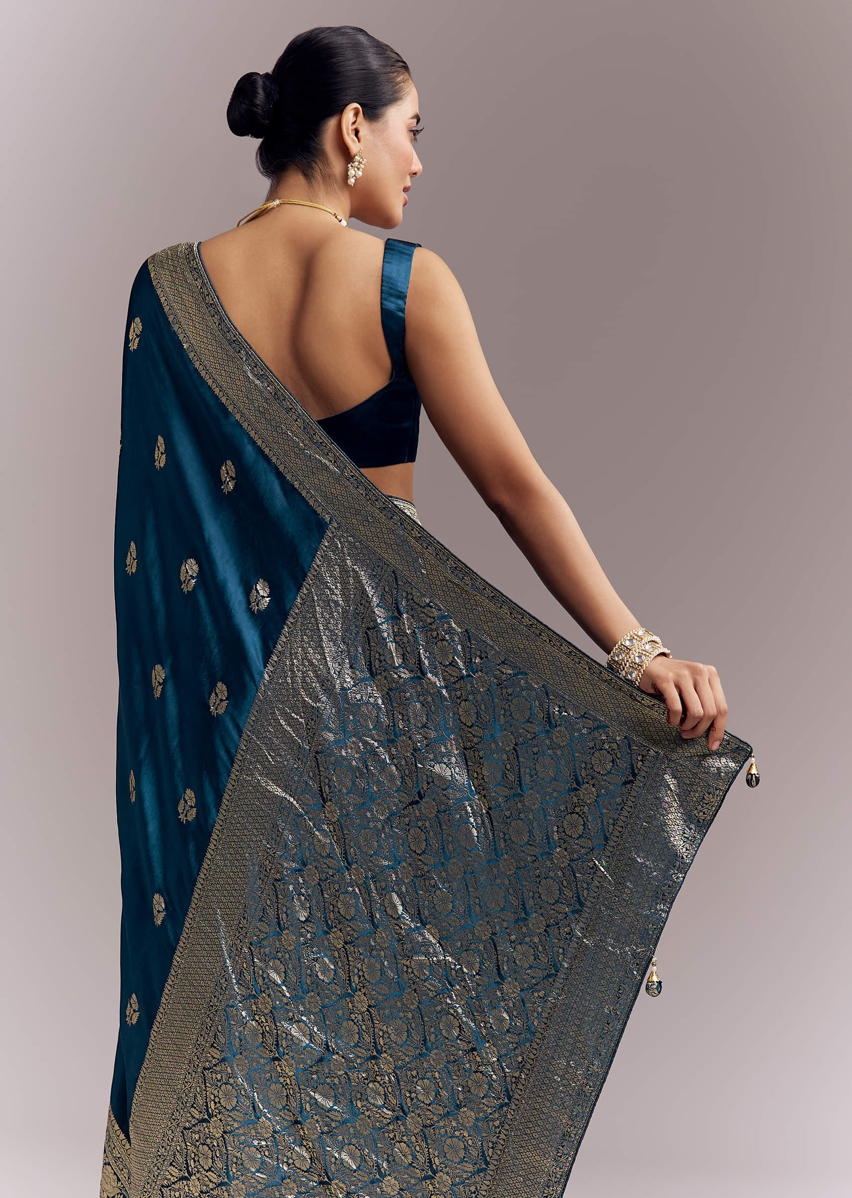 Midnight Blue Satin Woven Saree With Delicate Hand Embroidery - Image 6