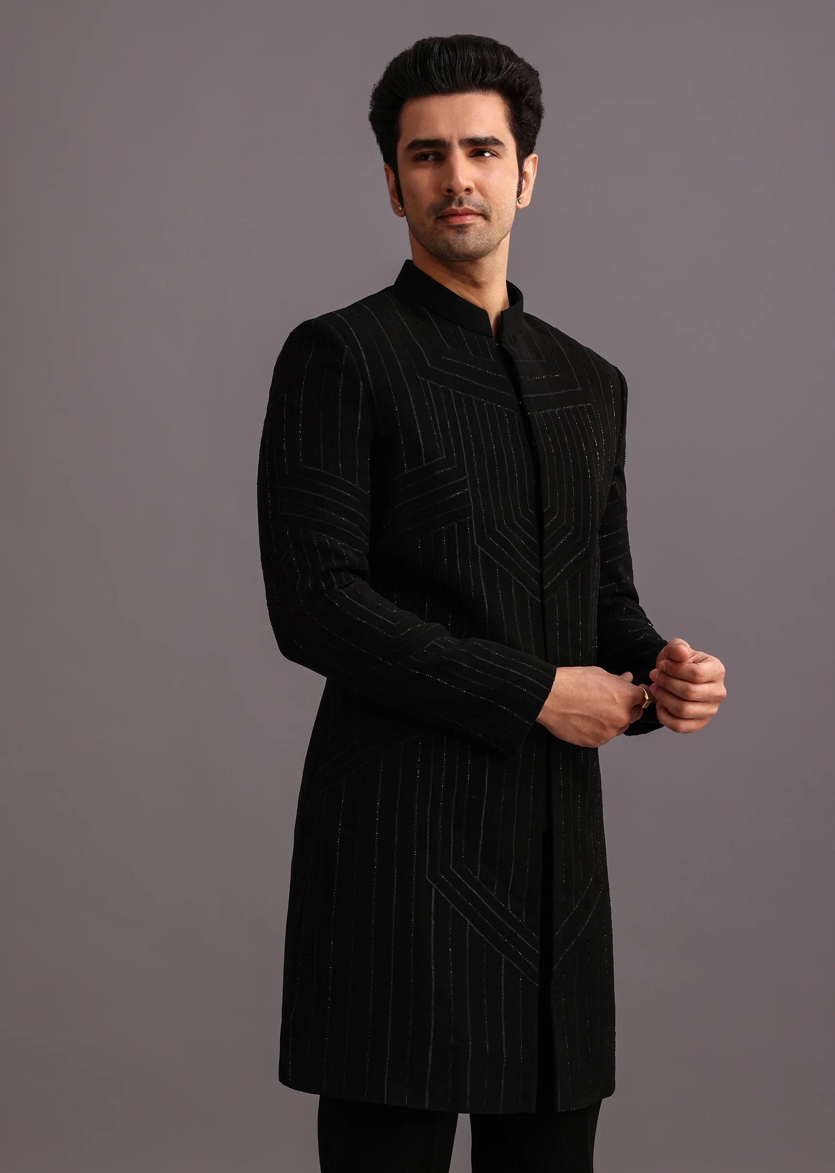 Midnight Duo Couple Set – Black Satin Indo-Western Crop Top And Draped Skirt for Her And Black Cutdana Indo-Western Suit for Him - Image 6