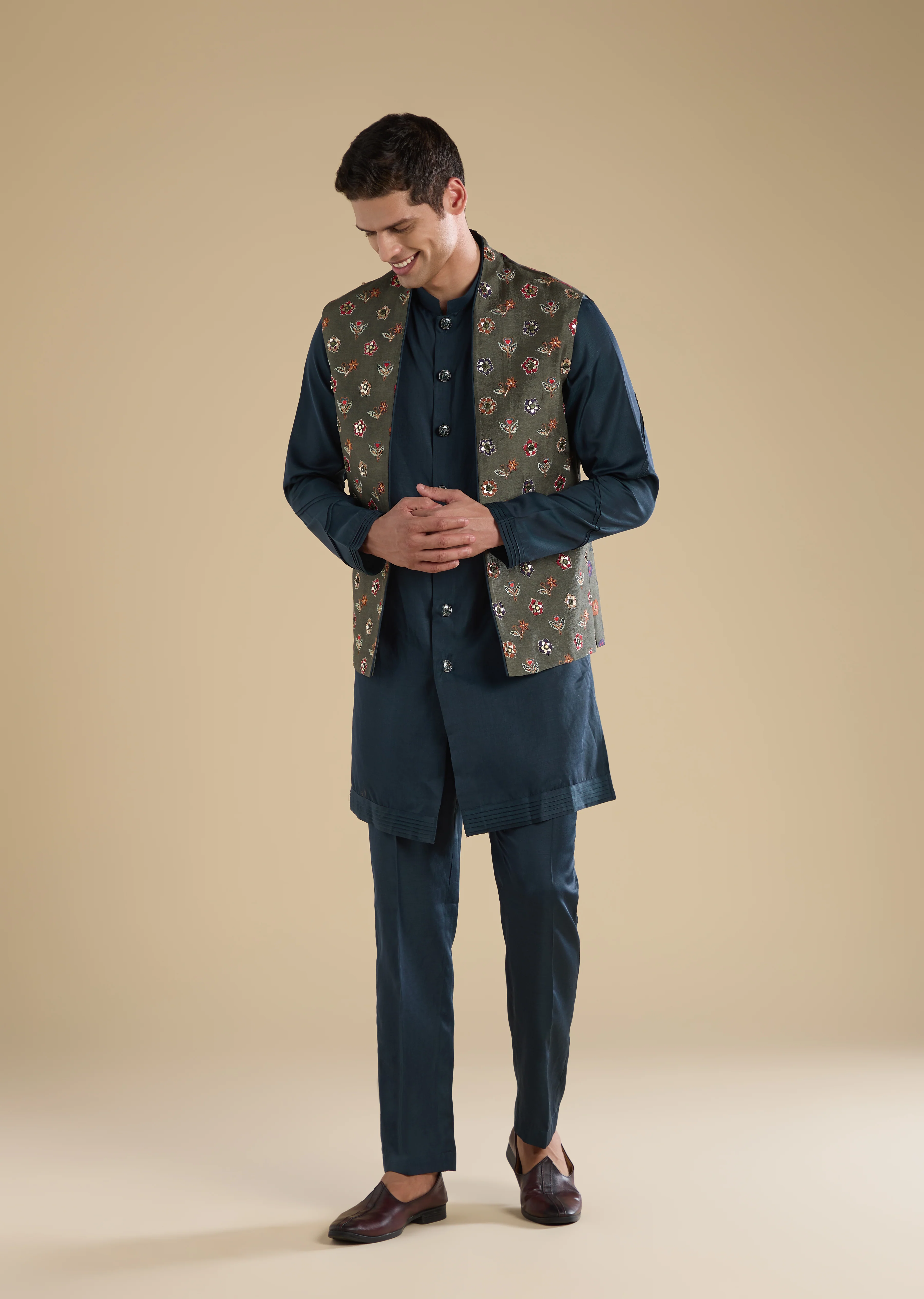 Midnight Zardosi Statement Couple Set – Navy Zardosi Kurta Sharara Set with Organza Dupatta for Her And Green Embellished Jacket Kurta Set for Him - Image 7