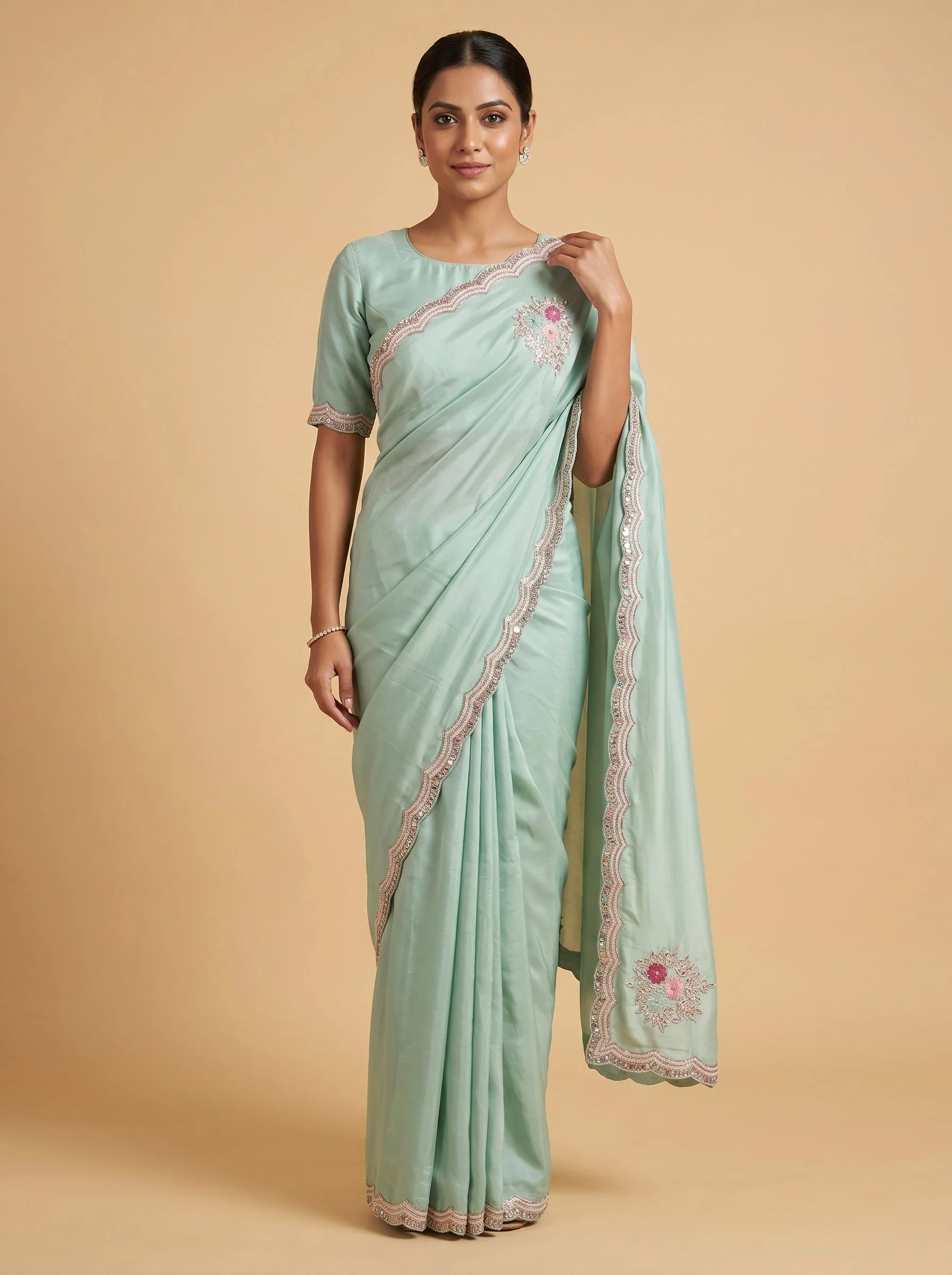 Mint Blue Cool Detail Embroidered Saree