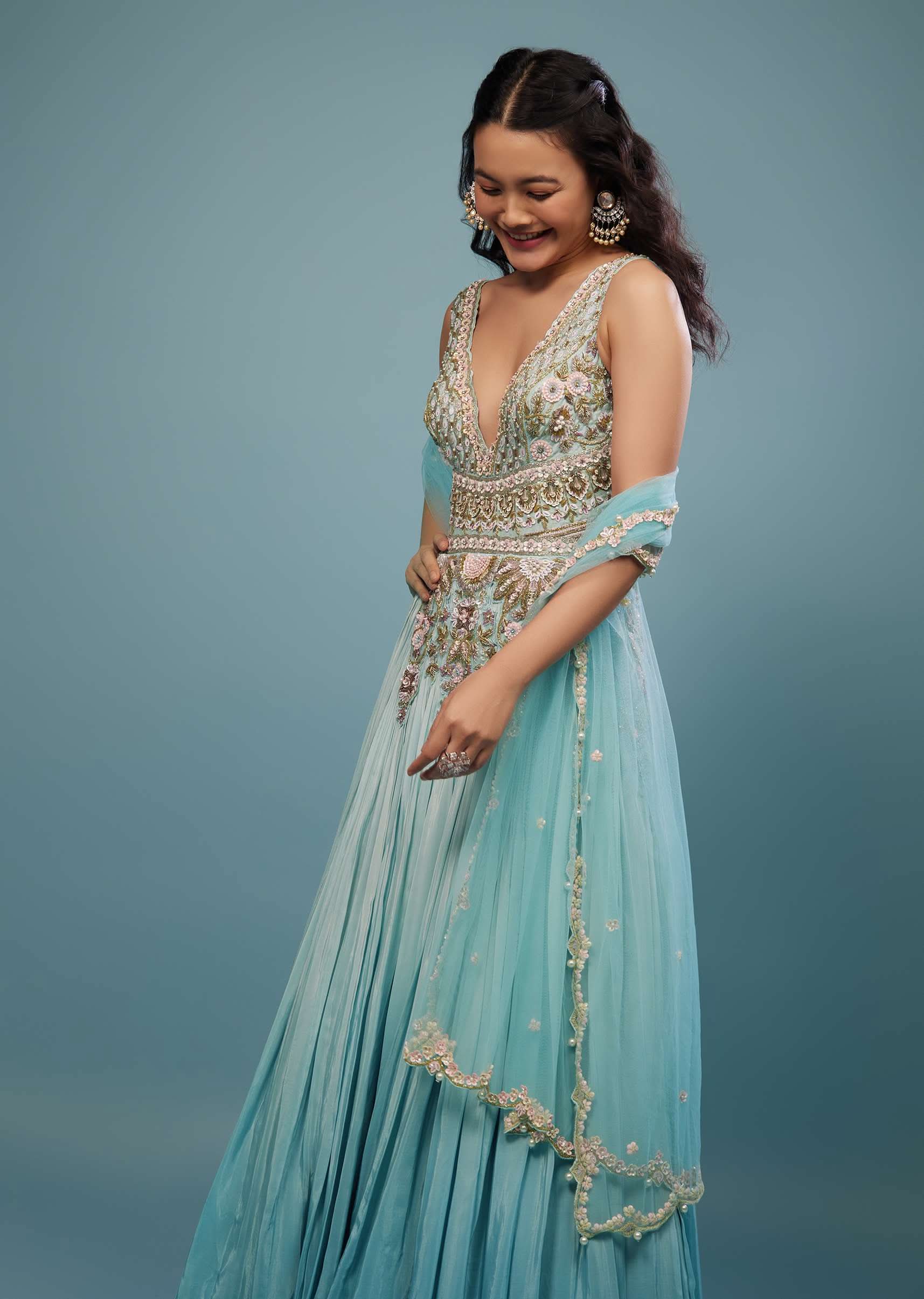 Mint Blue Embroidered Anarkali Suit In Crepe - Image 4