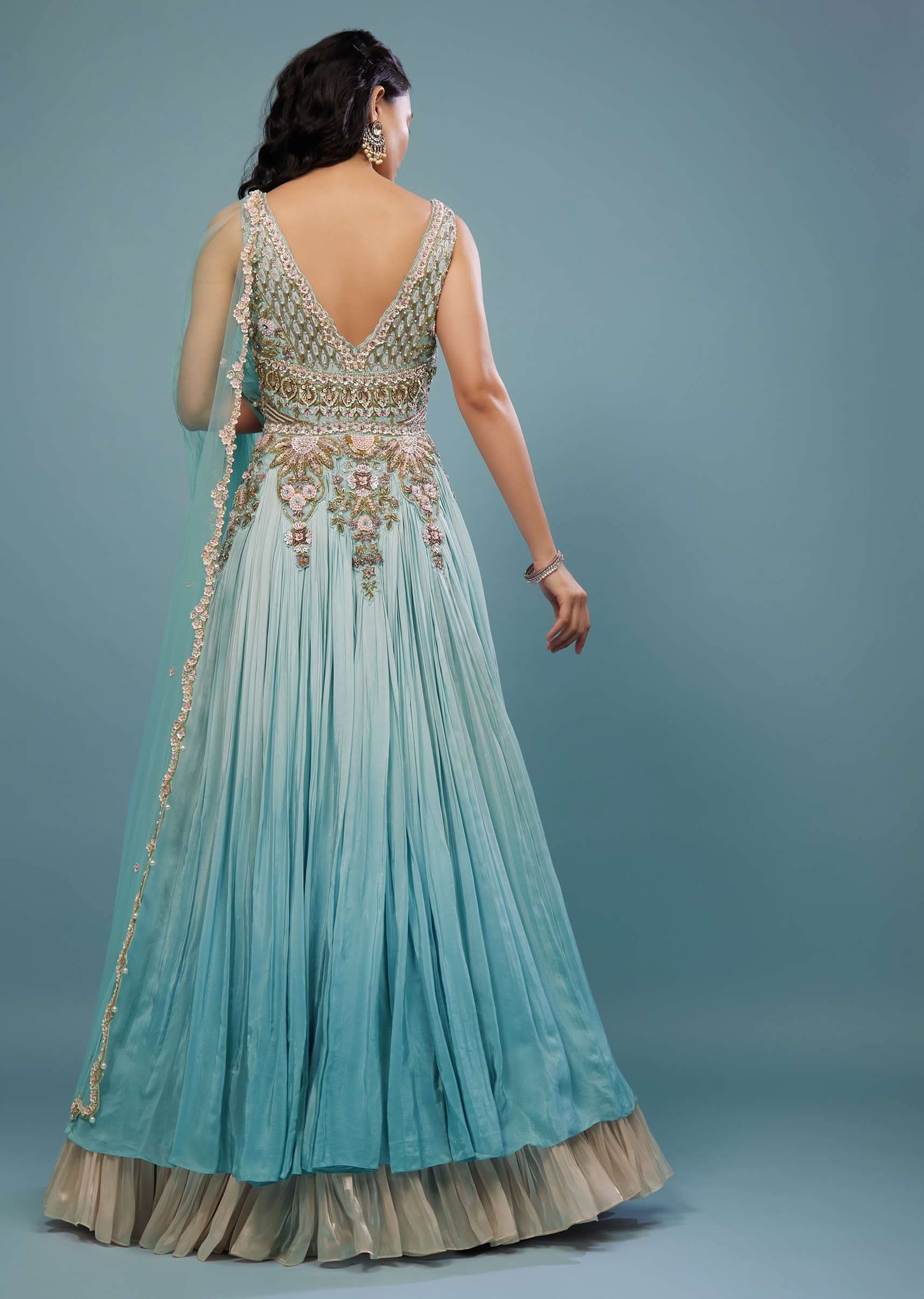 Mint Blue Embroidered Anarkali Suit In Crepe - Image 5