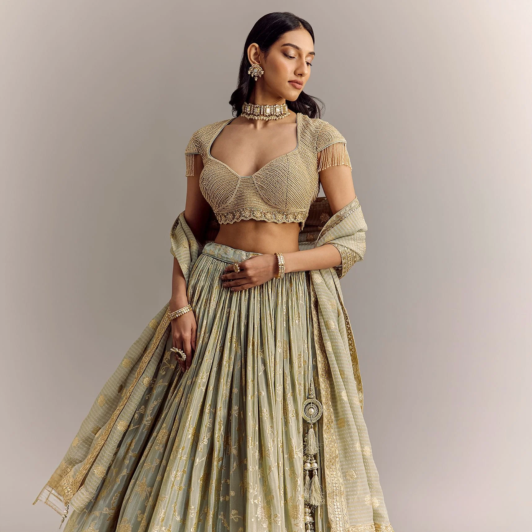 Mint Blue Embroidered Lehenga Set - Image 3