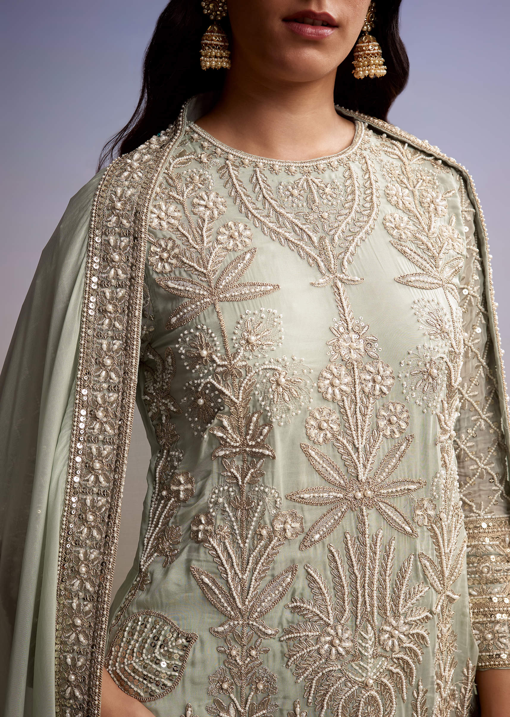 Mint Blue Organza Palazzo Suit With Zari And Moti Embroidery - Image 2