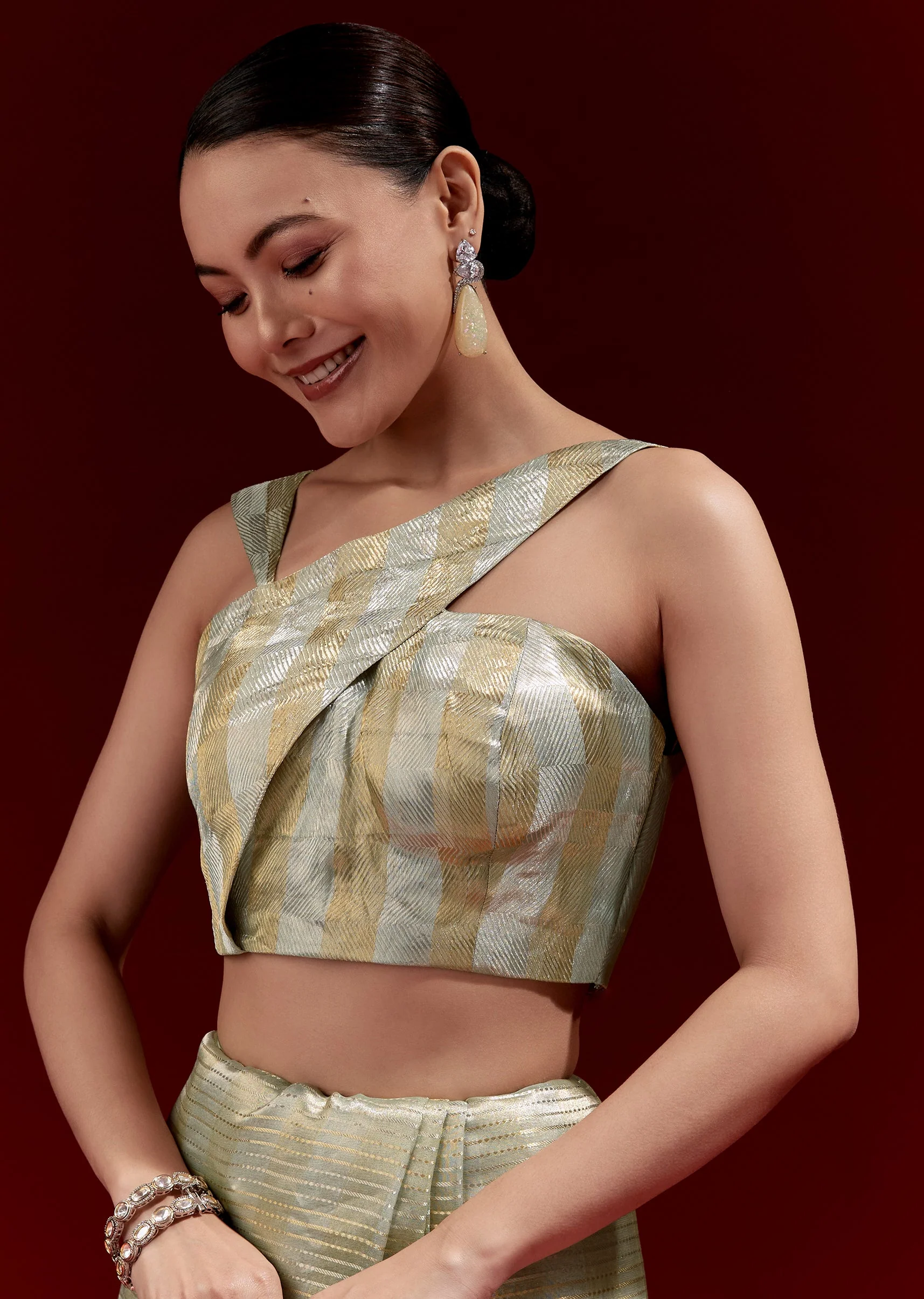 Mint Green Banarasi Tissue Saree With Golden Zari Geometric Weave And Embroidered Belt - Image 7