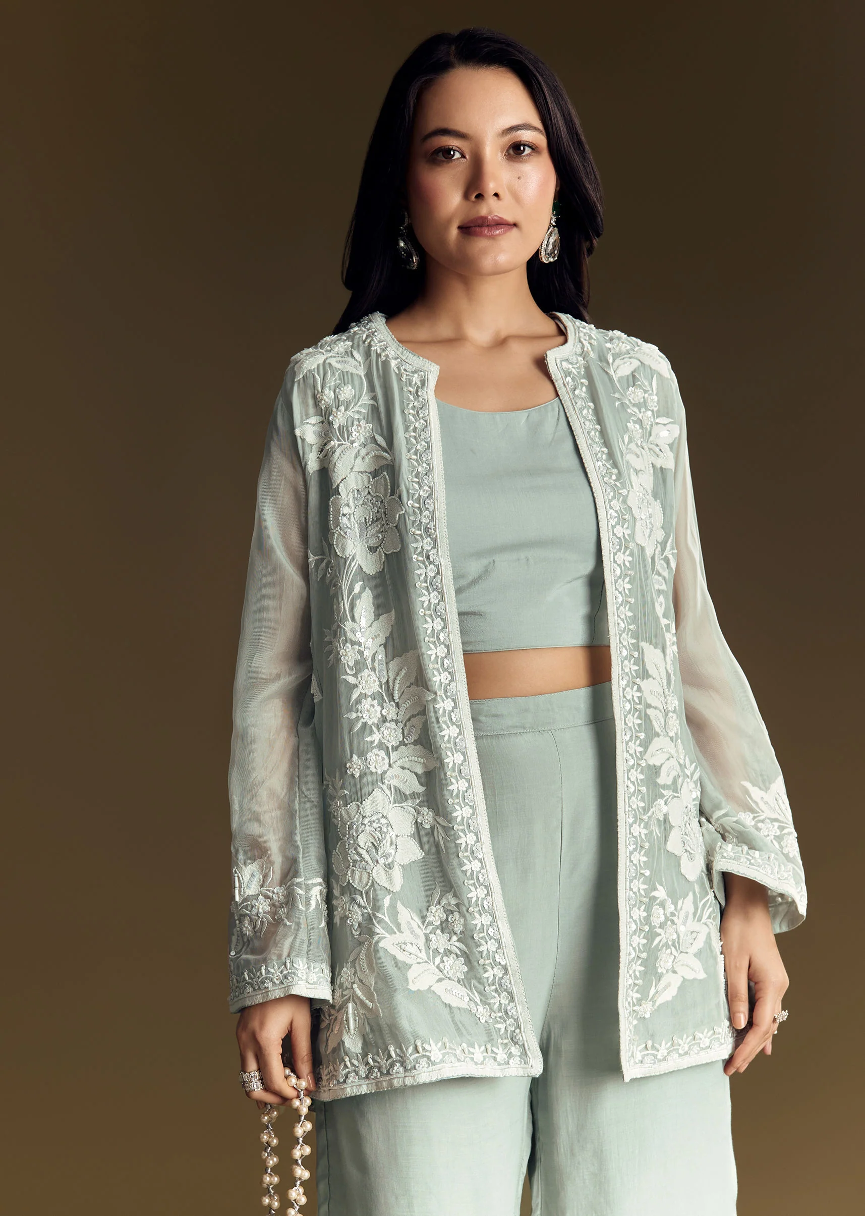 Mint Green Crop Top Set With Embroidered Organza Jacket - Image 3