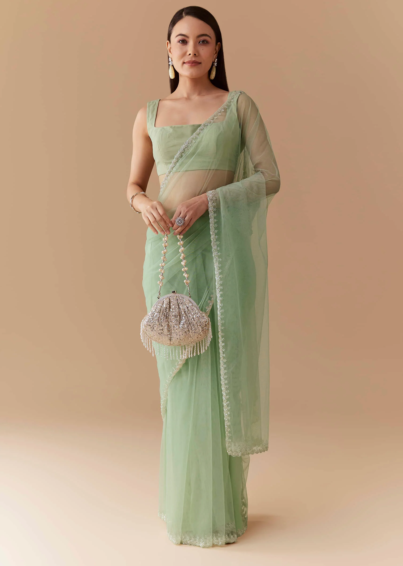 Mint Green Cutwork Embellished Saree with Unstitched Blouse