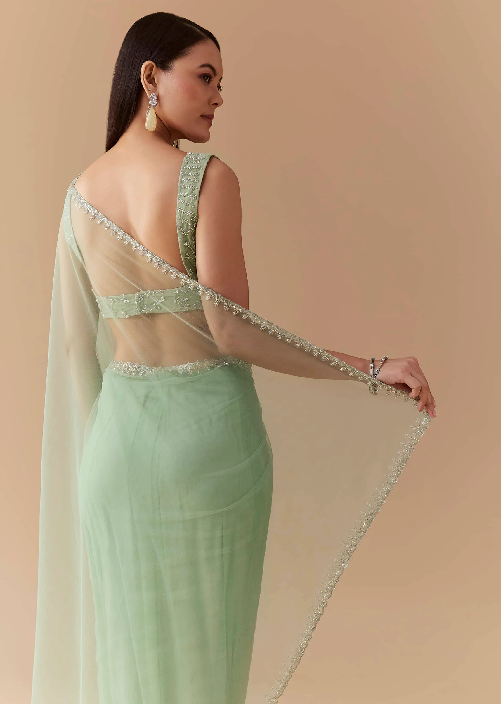Mint Green Cutwork Embellished Saree with Unstitched Blouse - Image 6