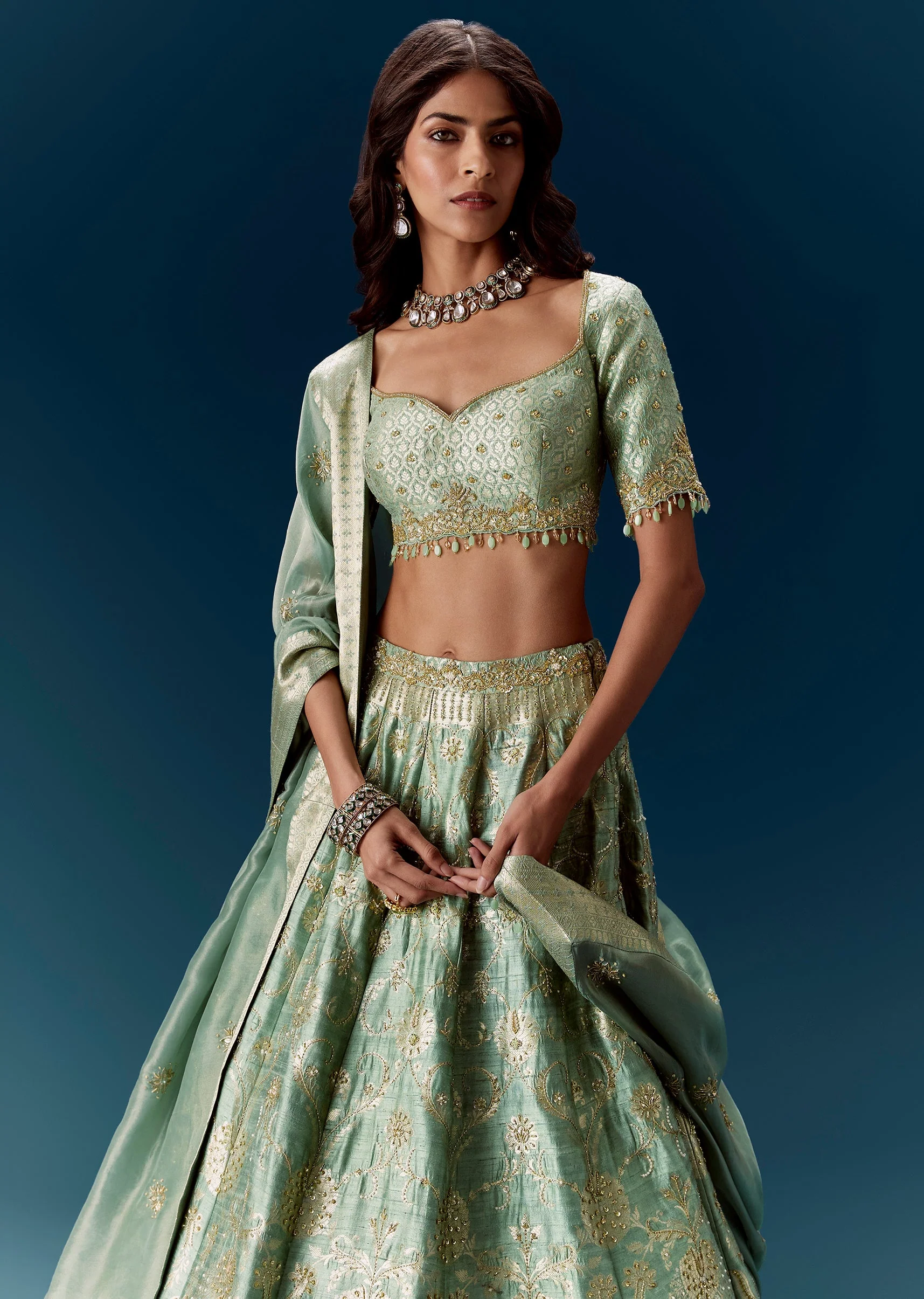 Mint Green Embroidered Bridal Lehenga With Dupatta - Image 5