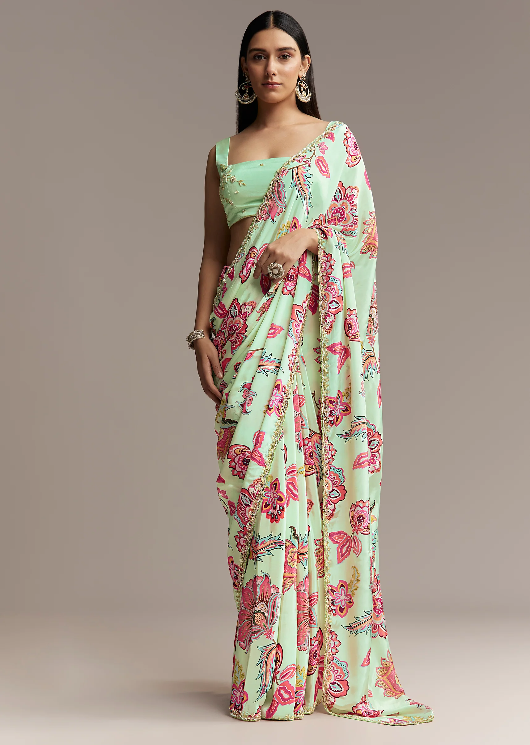 Mint Green Floral Crepe Saree With Scallop Border - Image 3