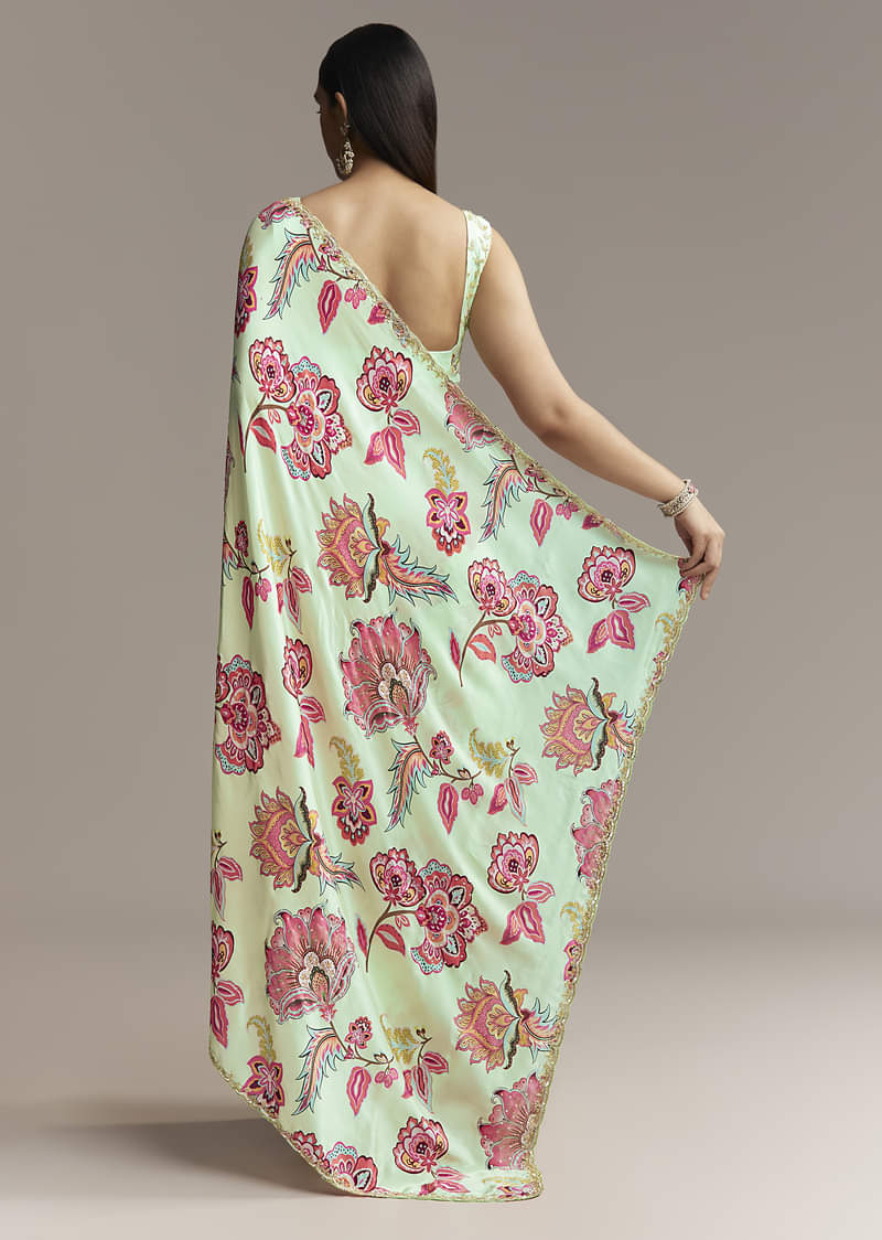 Mint Green Floral Crepe Saree With Scallop Border - Image 4