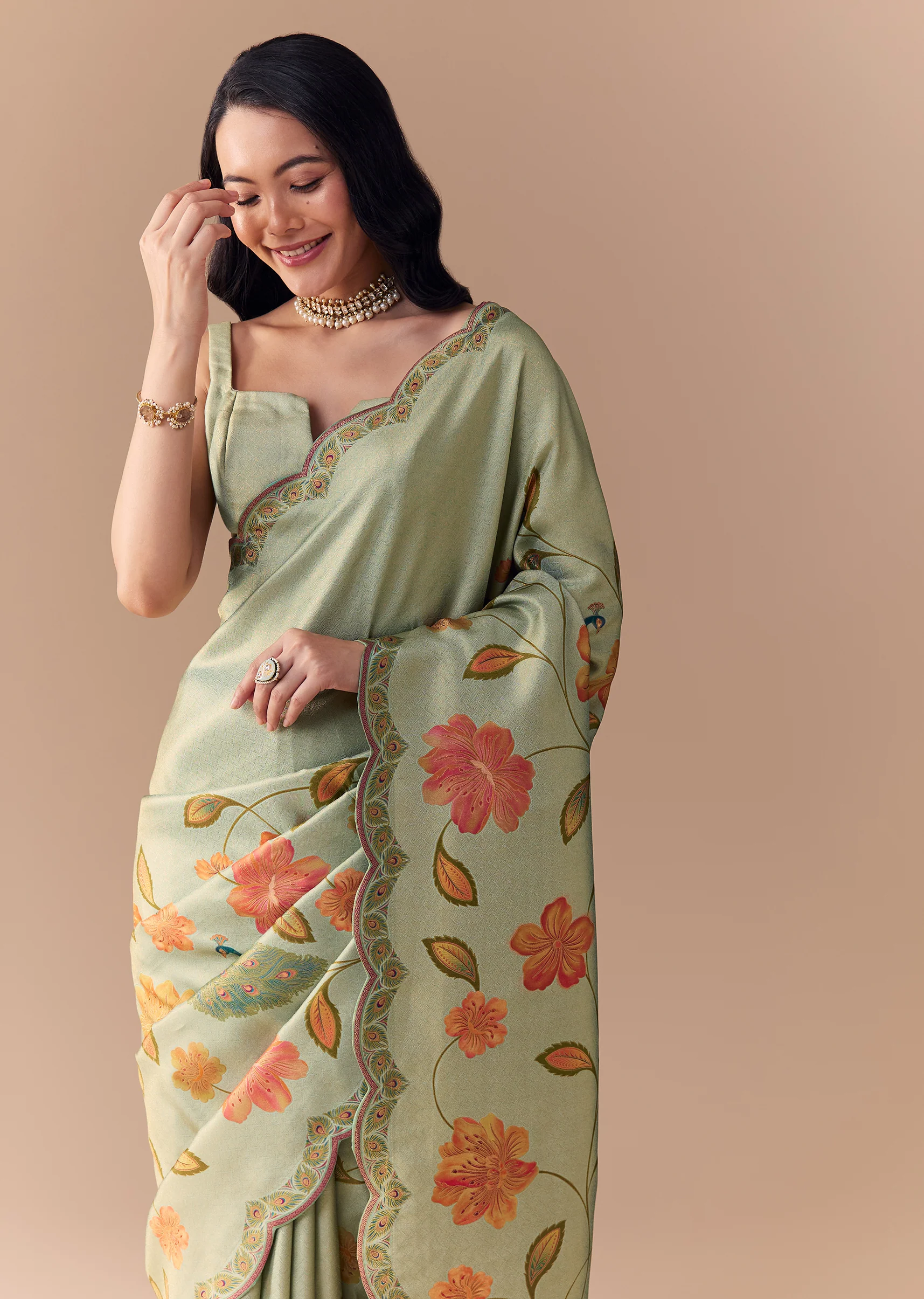 Mint Green Jacquard Silk Floral Woven Saree with Unstitched Blouse - Image 4