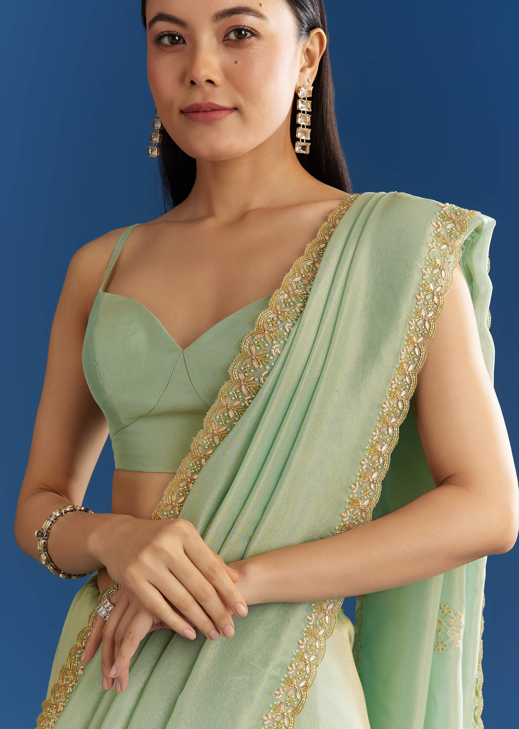 Mint Green Organza Tissue Saree With Subtle Embroidery - Image 2