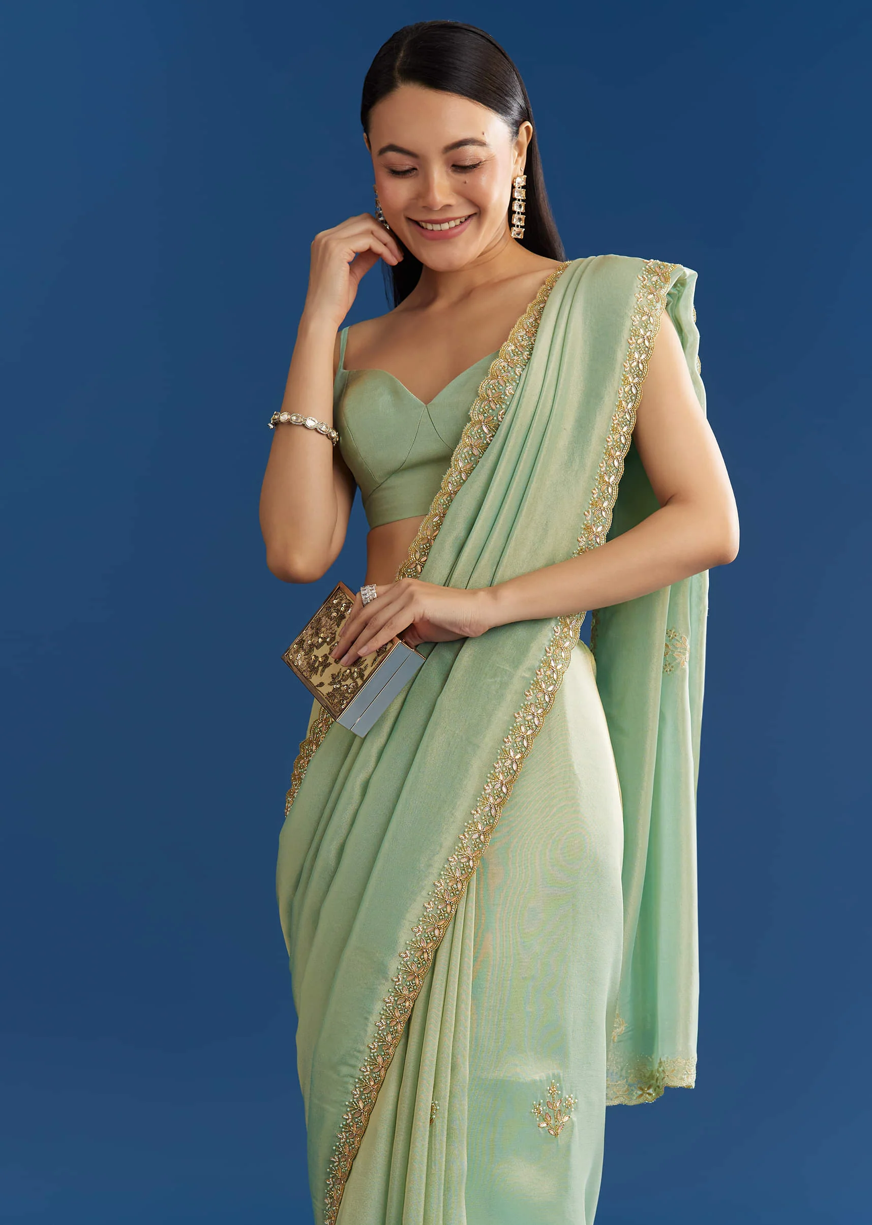 Mint Green Organza Tissue Saree With Subtle Embroidery - Image 5