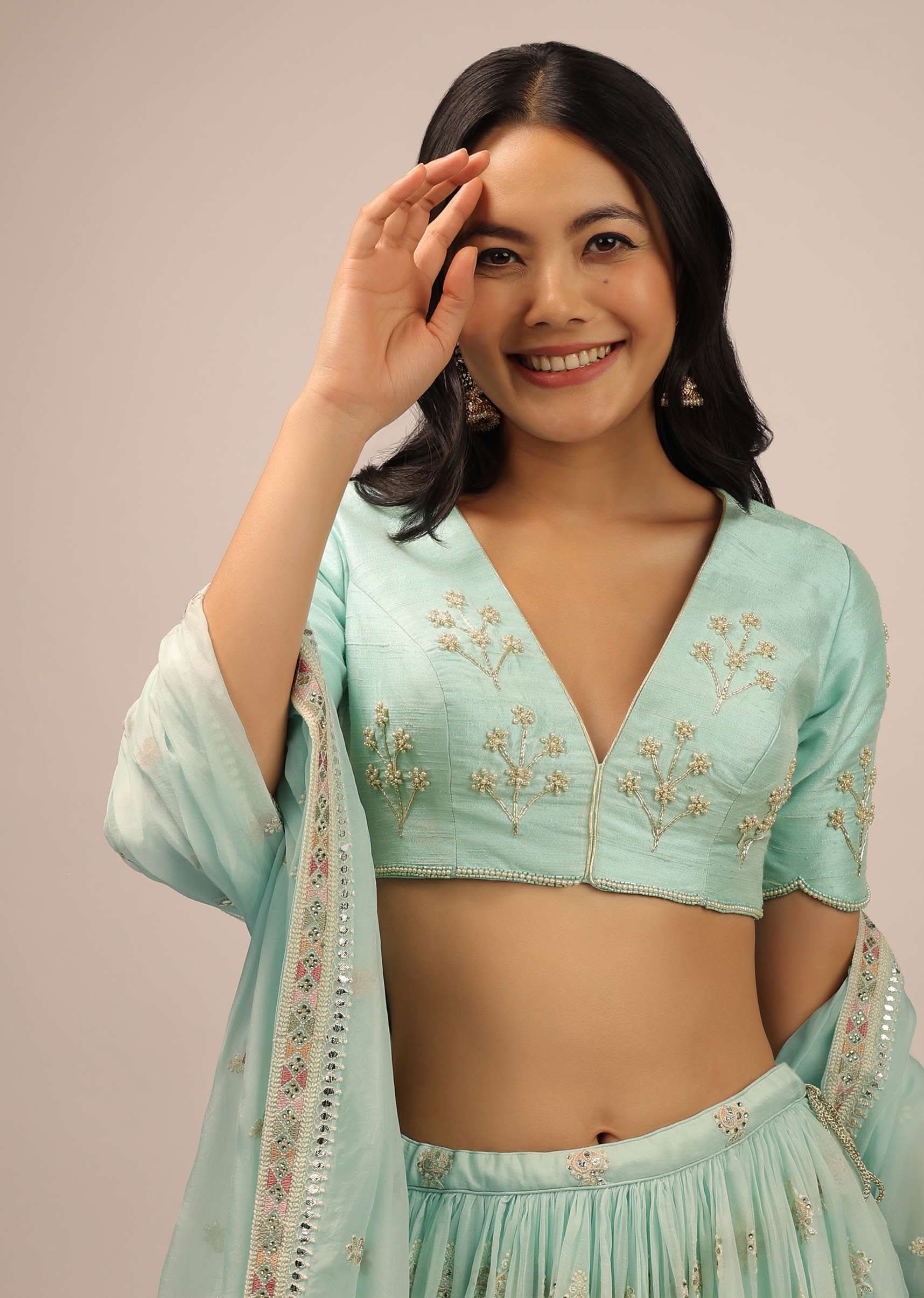 Mint Green Padded Blouse With zardosi And Moti Work - Image 3
