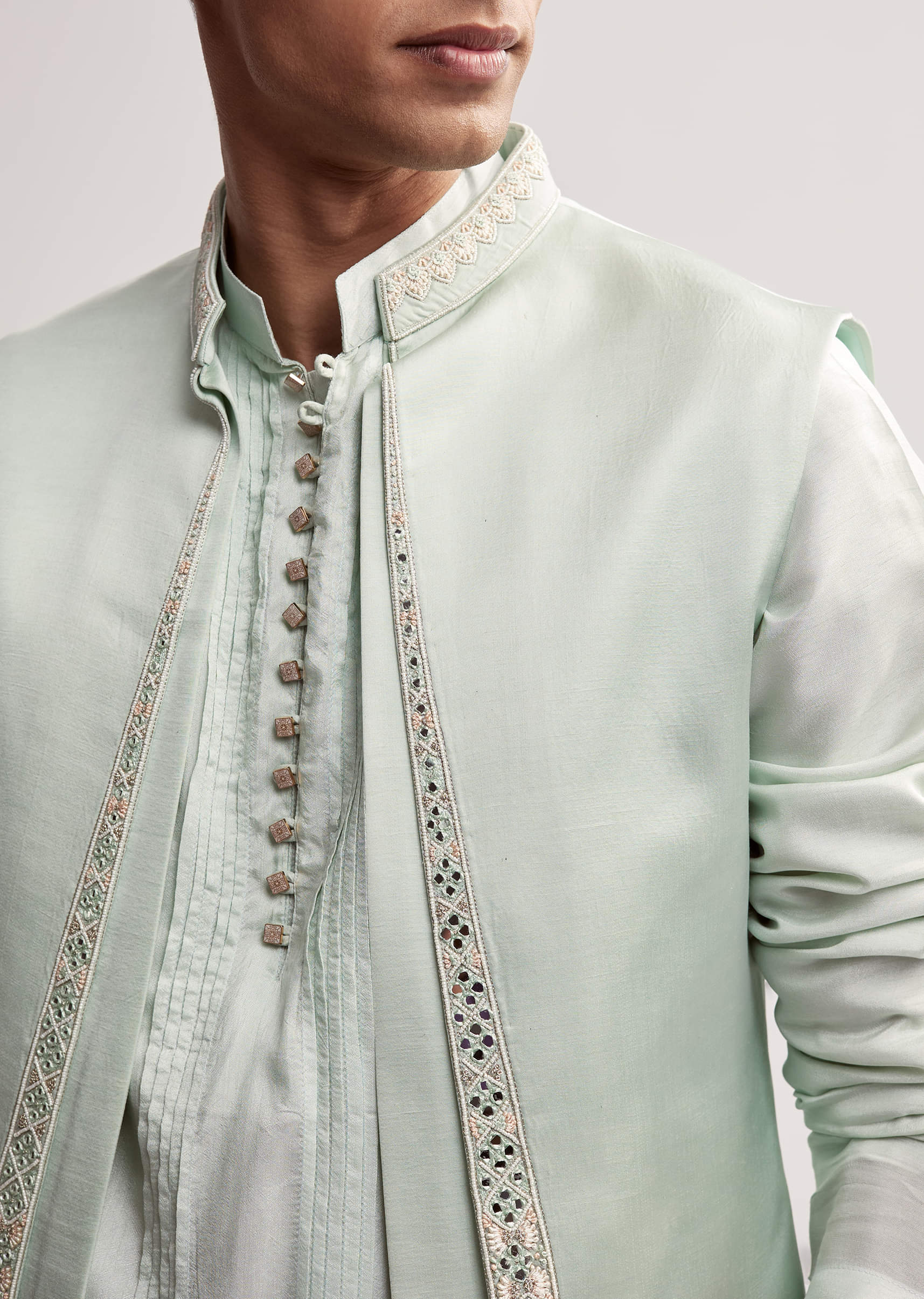 Mint Green Satin Blend Kurta Jacket Set For Men With Zardosi Work - Image 3