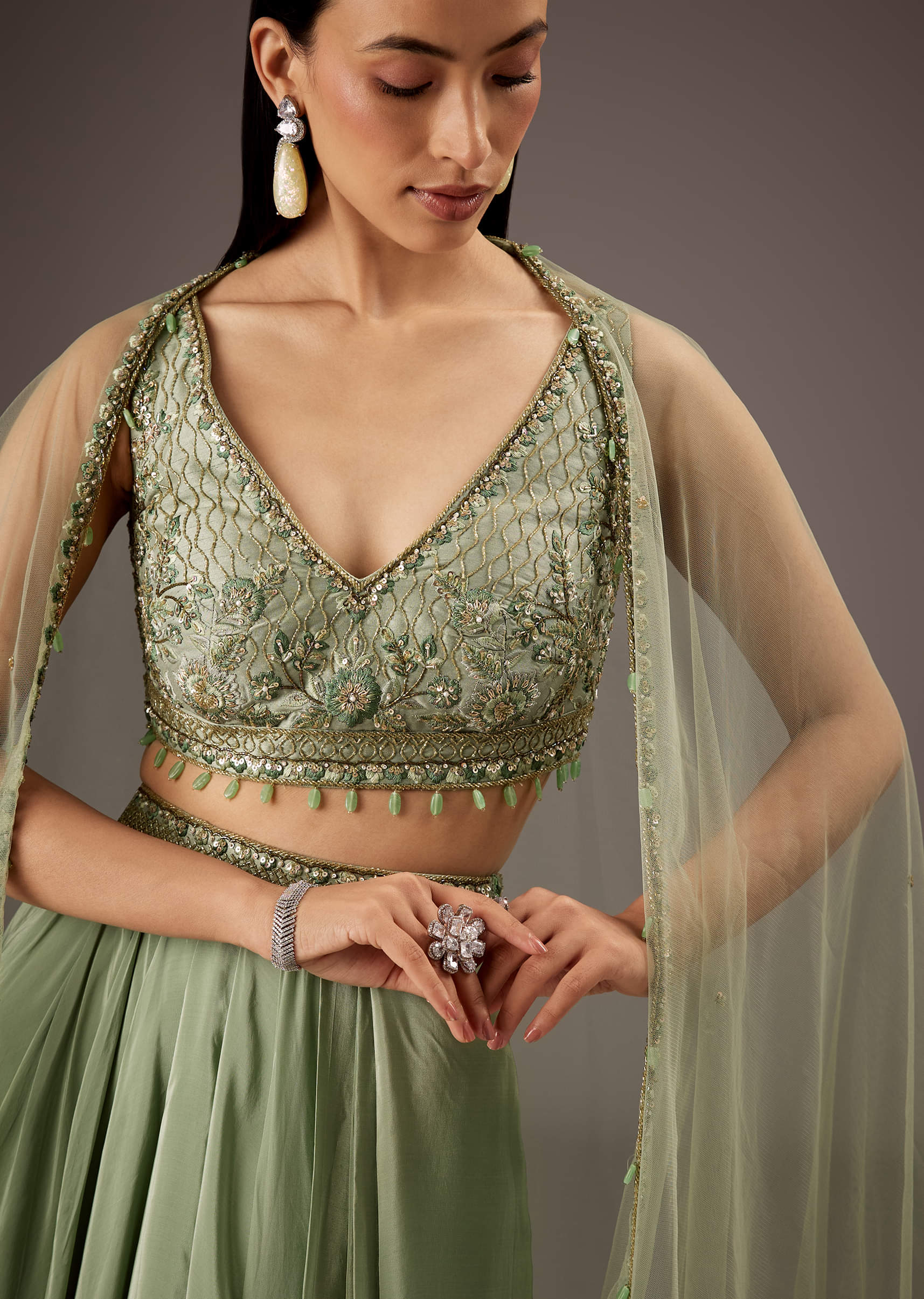 Mint Green Silk Crop Top Skirt With Monotone Embroidery - Image 3