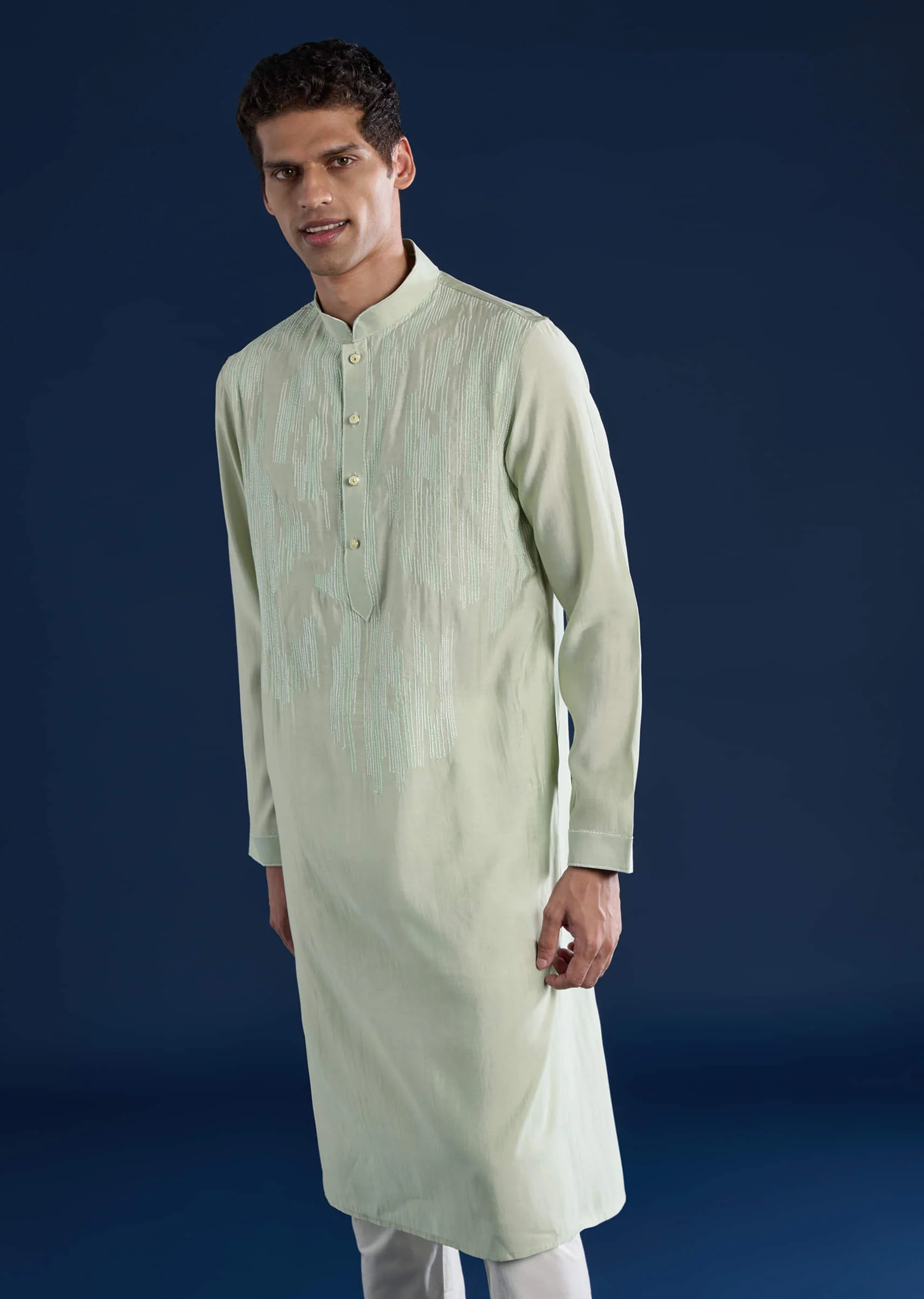 Mint Green Thread Embroidered Mens Kurta and Pant Set - Image 3