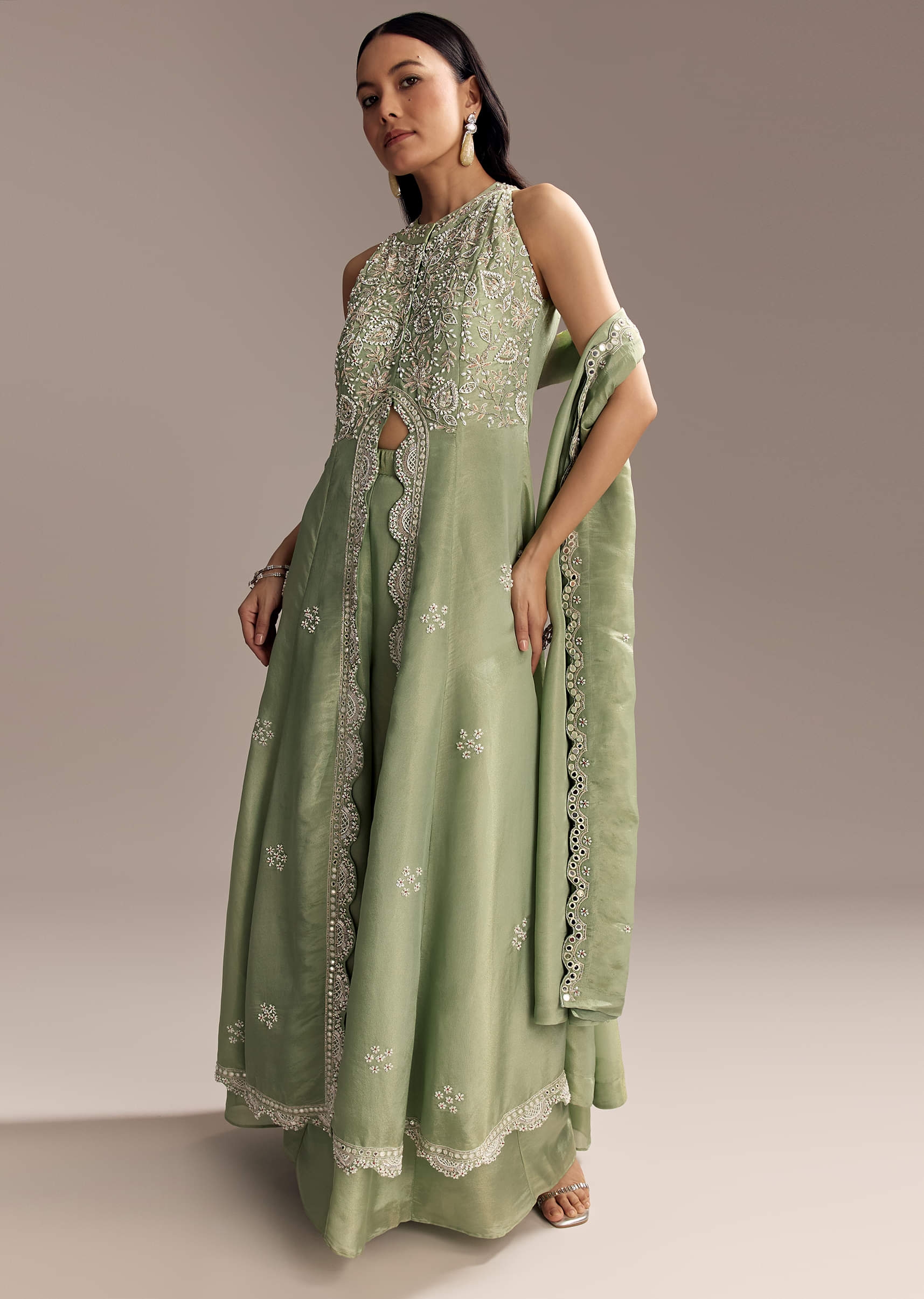 Mint Green Tissue Anarkali Suit With Cutdana And Beads Embroidery - Image 3