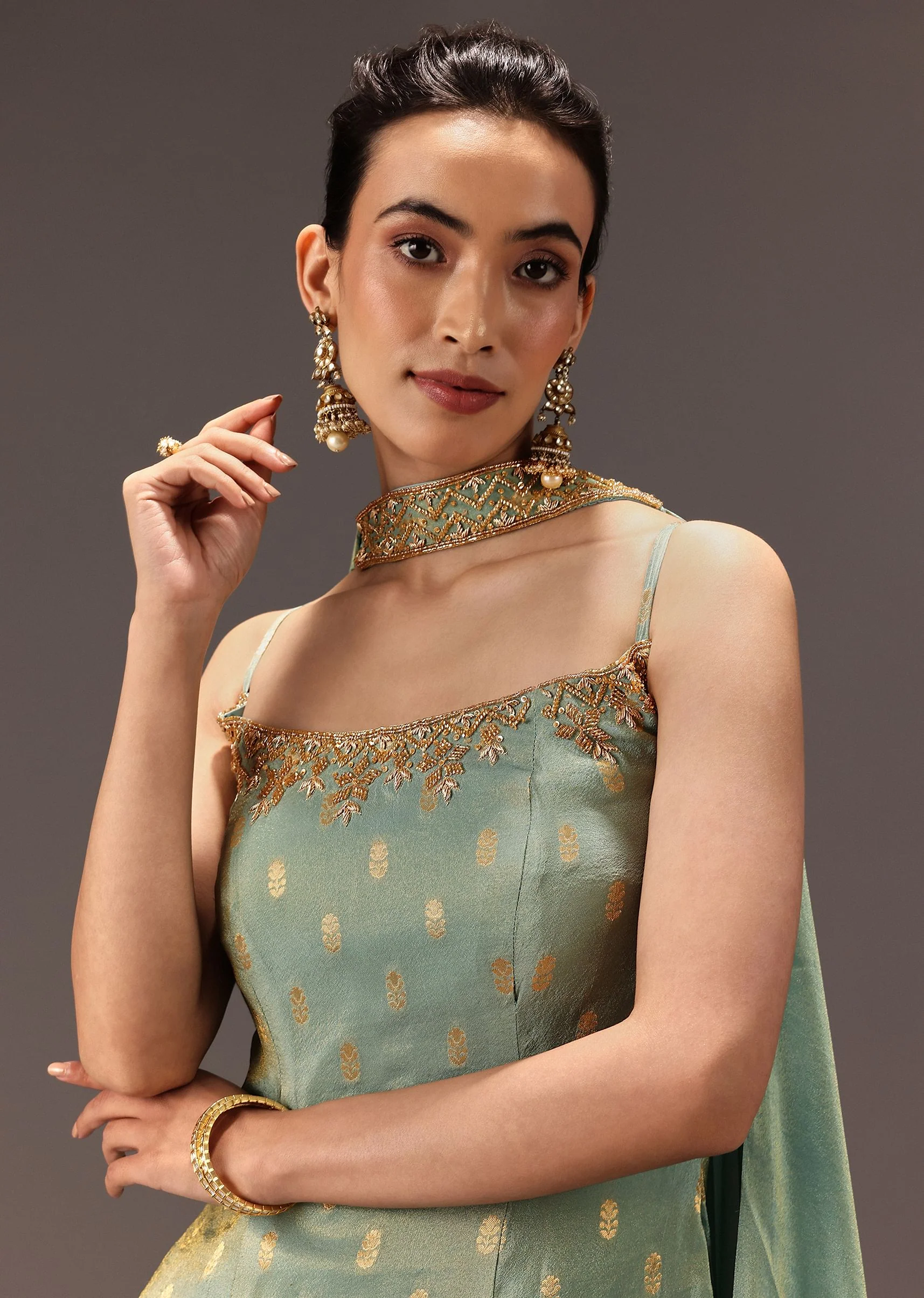 Mint Green Tissue Hand Embroidered Kurta Set - Image 2