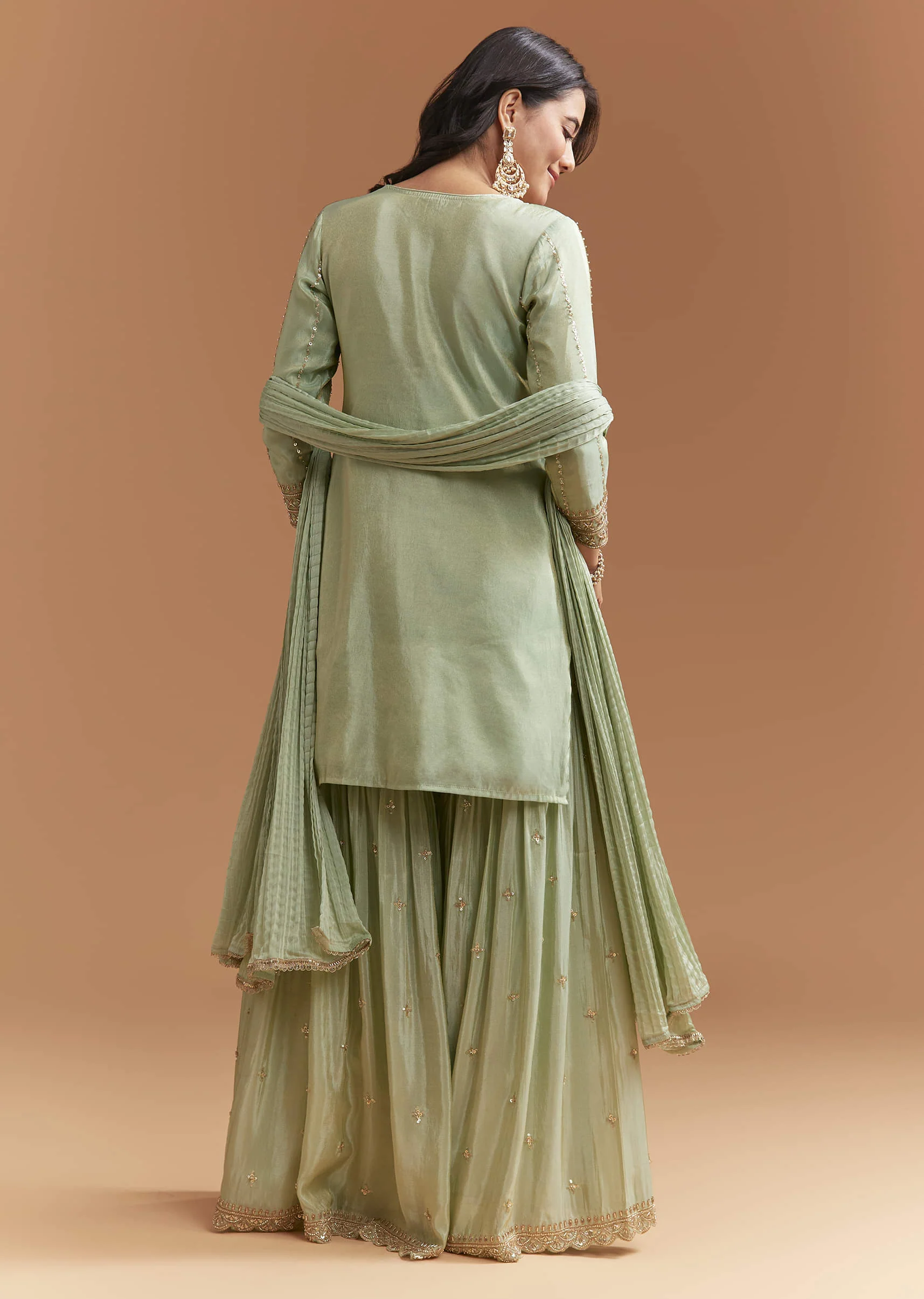 Mint Green Tissue Sharara Suit With Beads And Sequins Work - Image 3