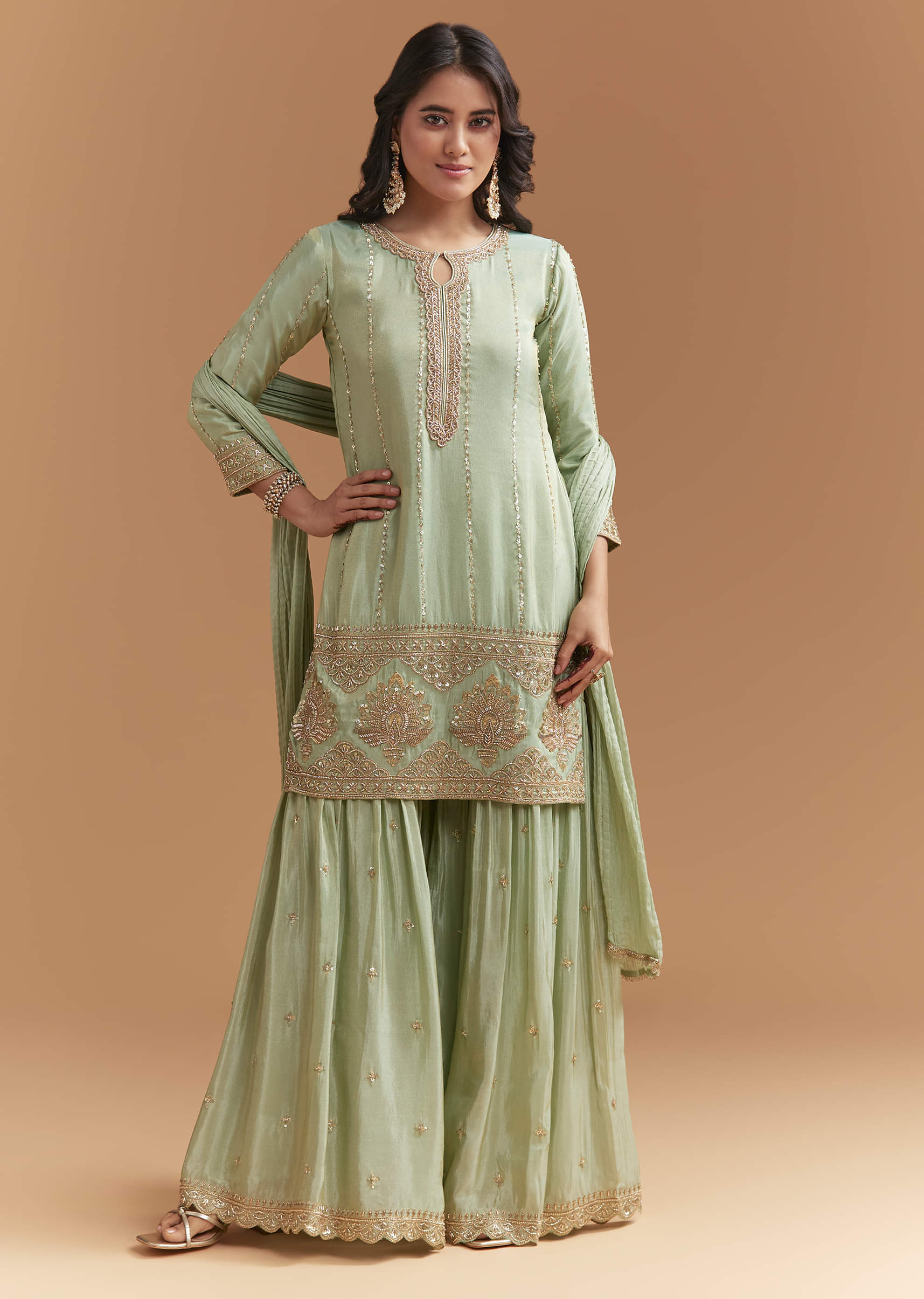 Mint Green Tissue Sharara Suit With Beads And Sequins Work - Image 4