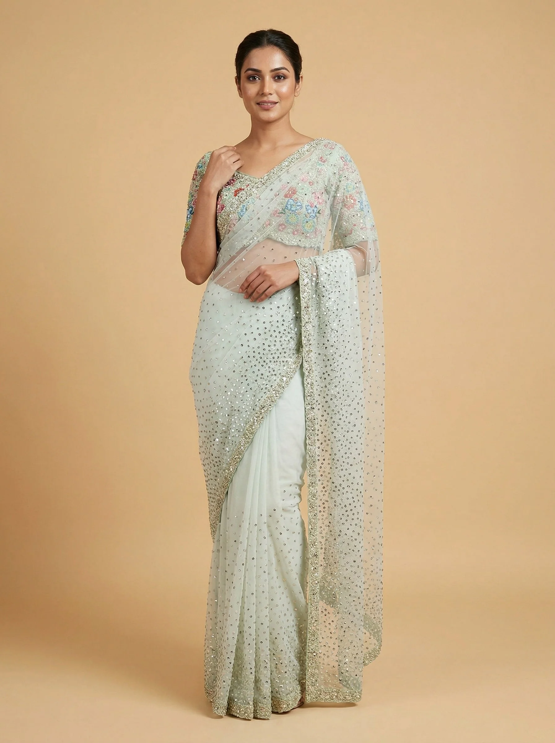 Mint Pistachio Green Embroidered Saree
