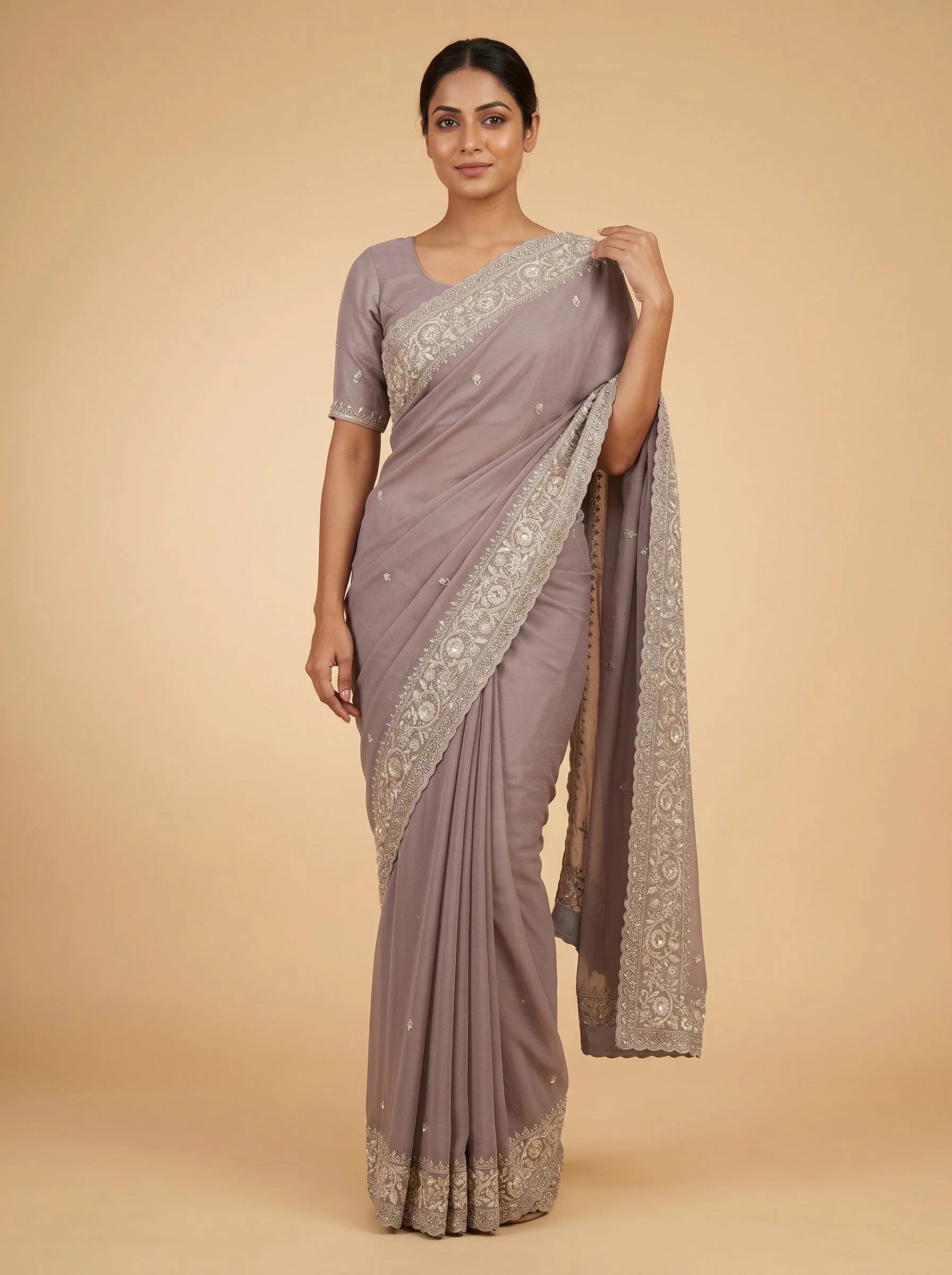 Mist Grey Embroidered Saree
