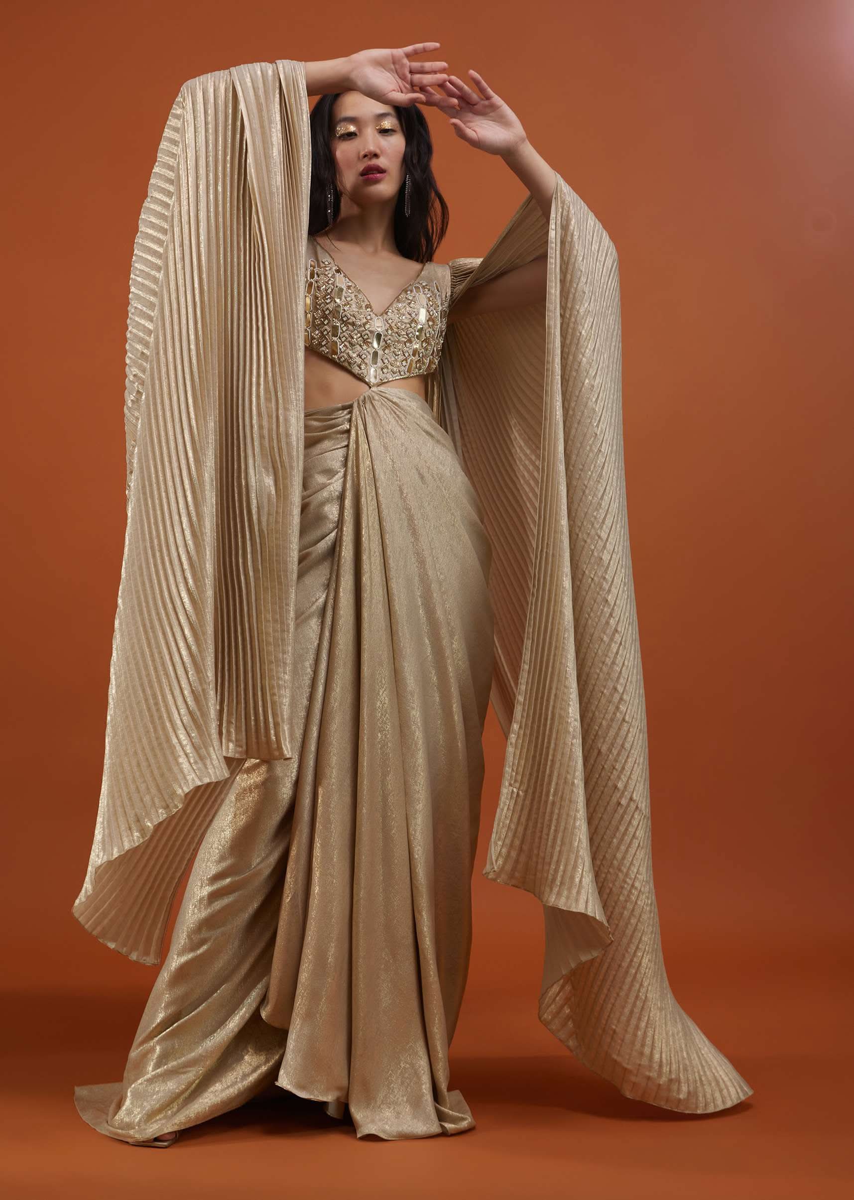 Mocha Brown Gown With A Pre-Pleated Dhoti Skirt Area And Royal Cape Sleeves- NOOR 2022 - Image 4