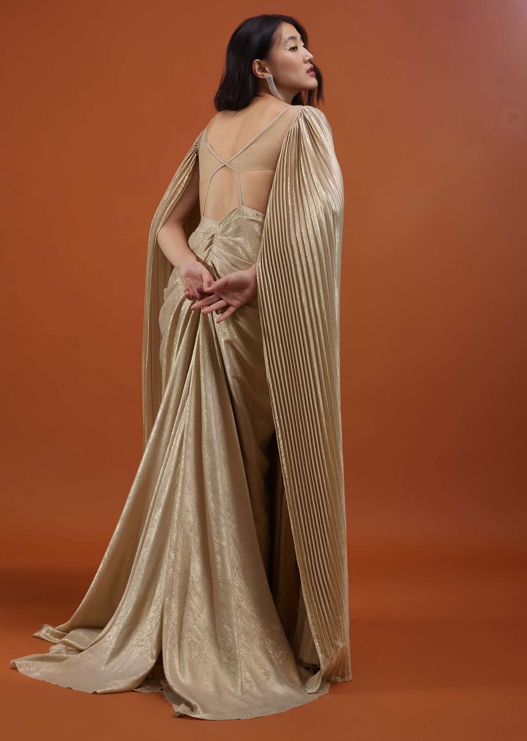 Mocha Brown Gown With A Pre-Pleated Dhoti Skirt Area And Royal Cape Sleeves- NOOR 2022 - Image 7