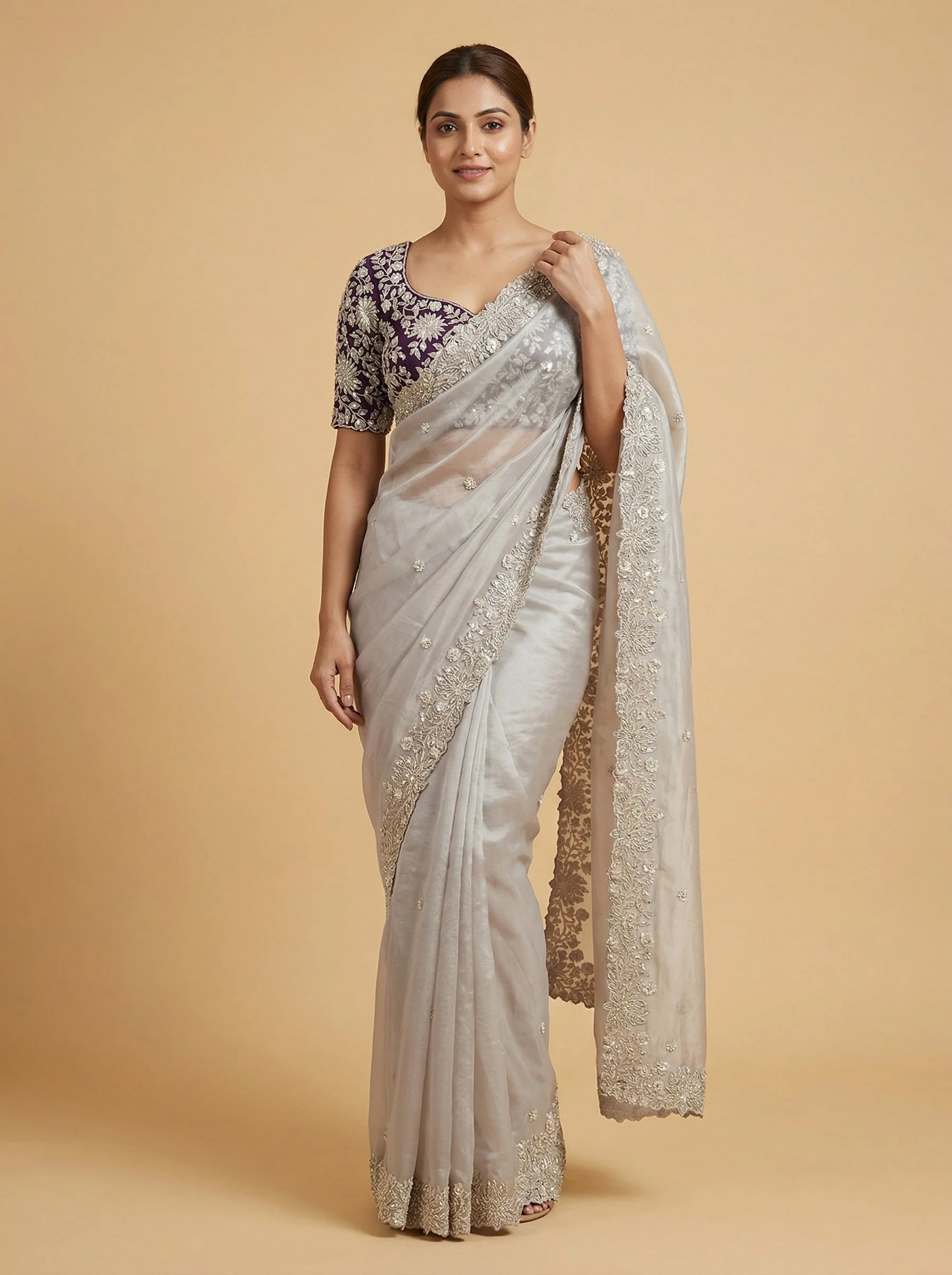 Moonlit Silver Purple Embroidered Saree