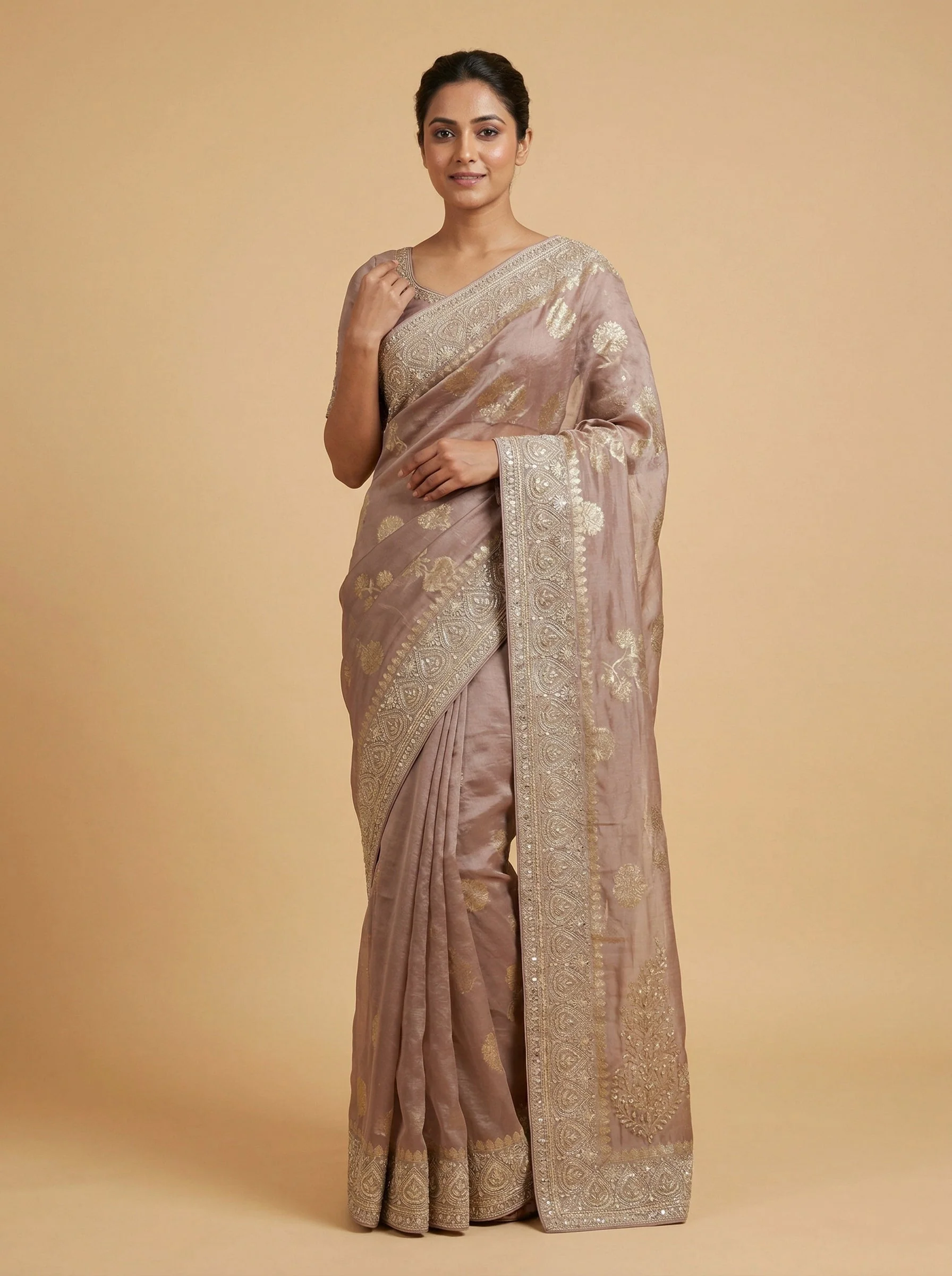 Moss Dusty Pink Embroidered Saree